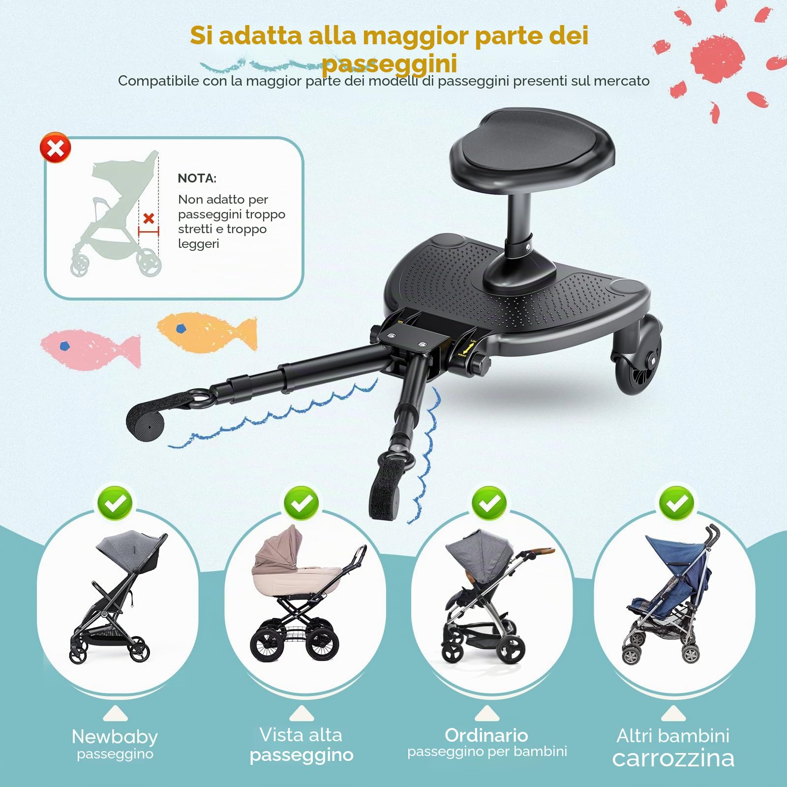 Pedana Passeggino Universale, Tavola per Bambini con Sedile più Ampio e Confortevole e Zone di Poggiapiedi più Ampie, Compatibile con il 99% Delle Carrozzine, Portata 25 kg