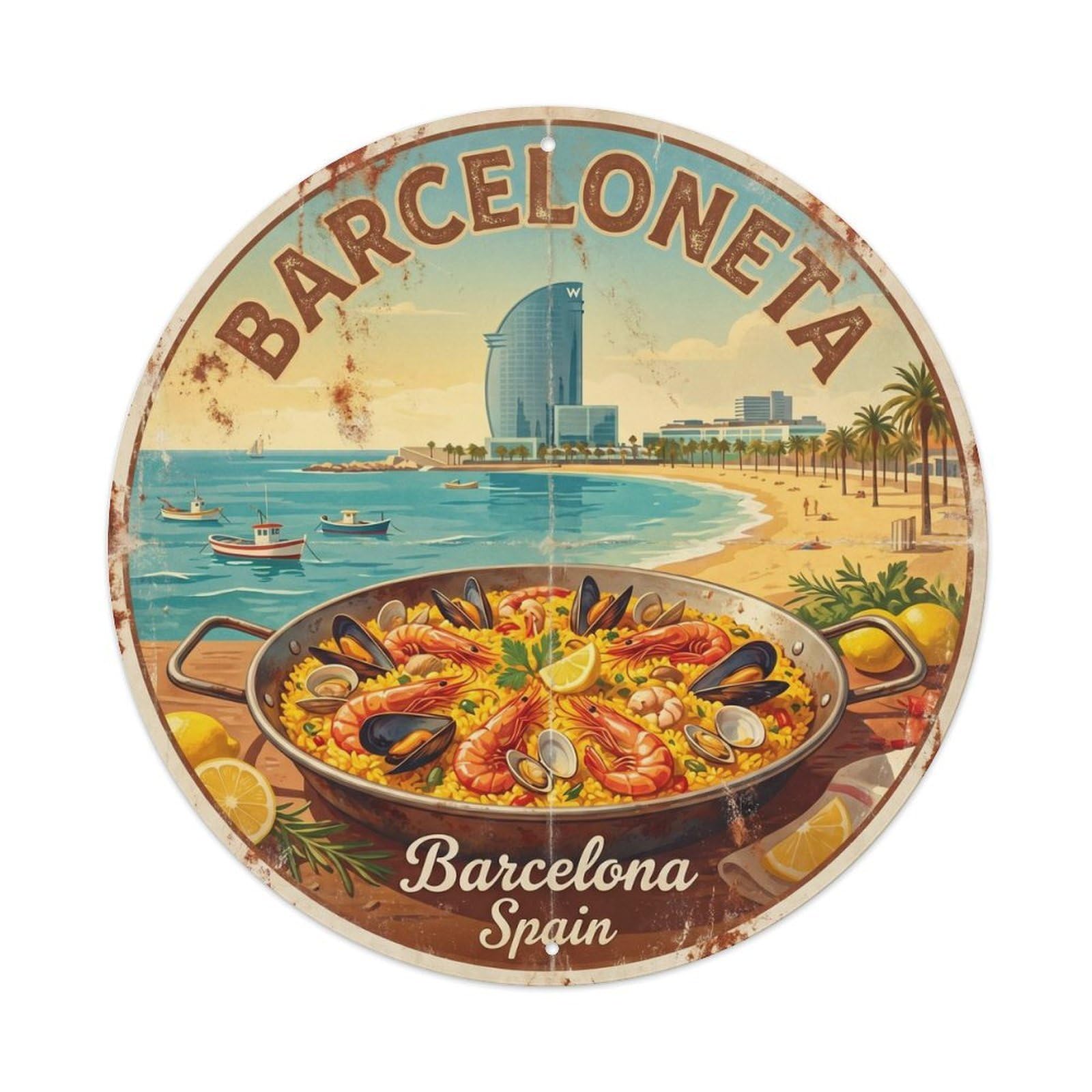 Vintage Travel Barceloneta Beach Barcelona Spain Metal Tin Sign Plaque