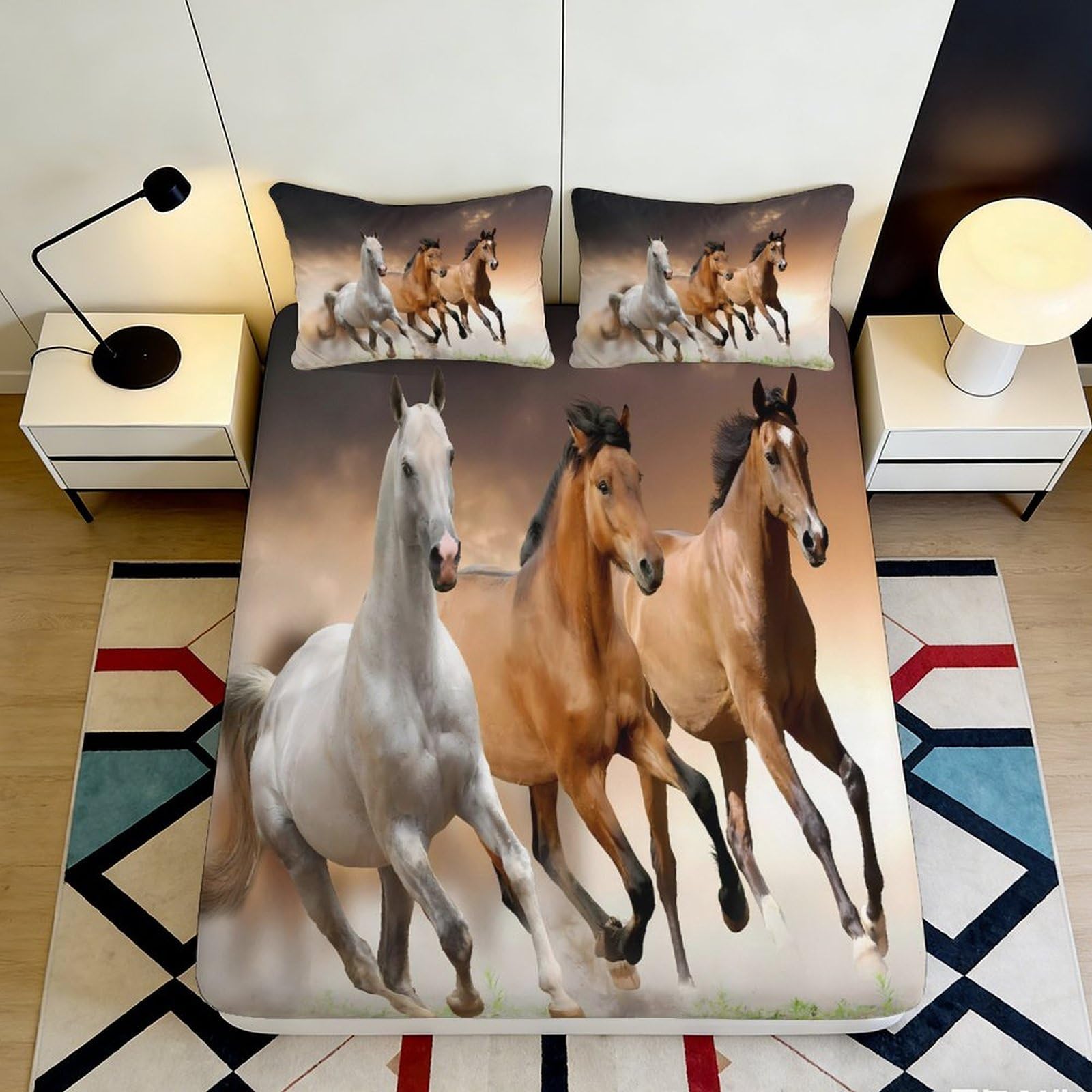 3D Printed Running Horse Fitted Sheet Microfiber Soft Breathable Wild Stallion Mattress Cover for Bedroom Dorm Decor 90x200x25cm