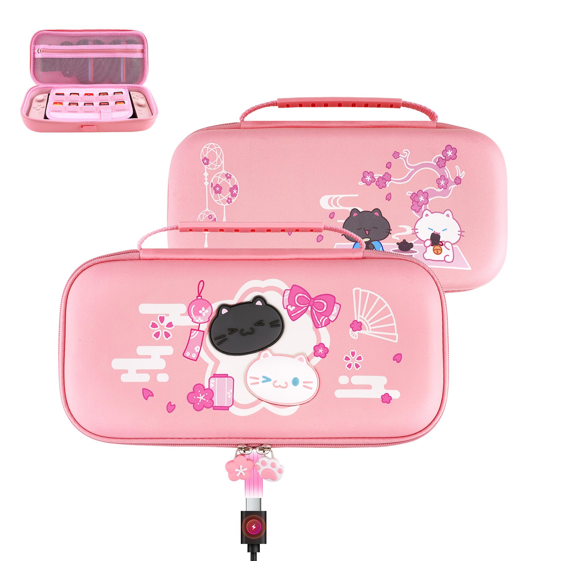 PlayVital Etui Przenoszenia kompatybilne z Switch 2 | Twarda Obudowa Przenośna do Switch 2 z 10 Gniazda na Karty do Gry i Silikonowym Portem Ładowania-Różowy Kotek Kwiaty Wiśni