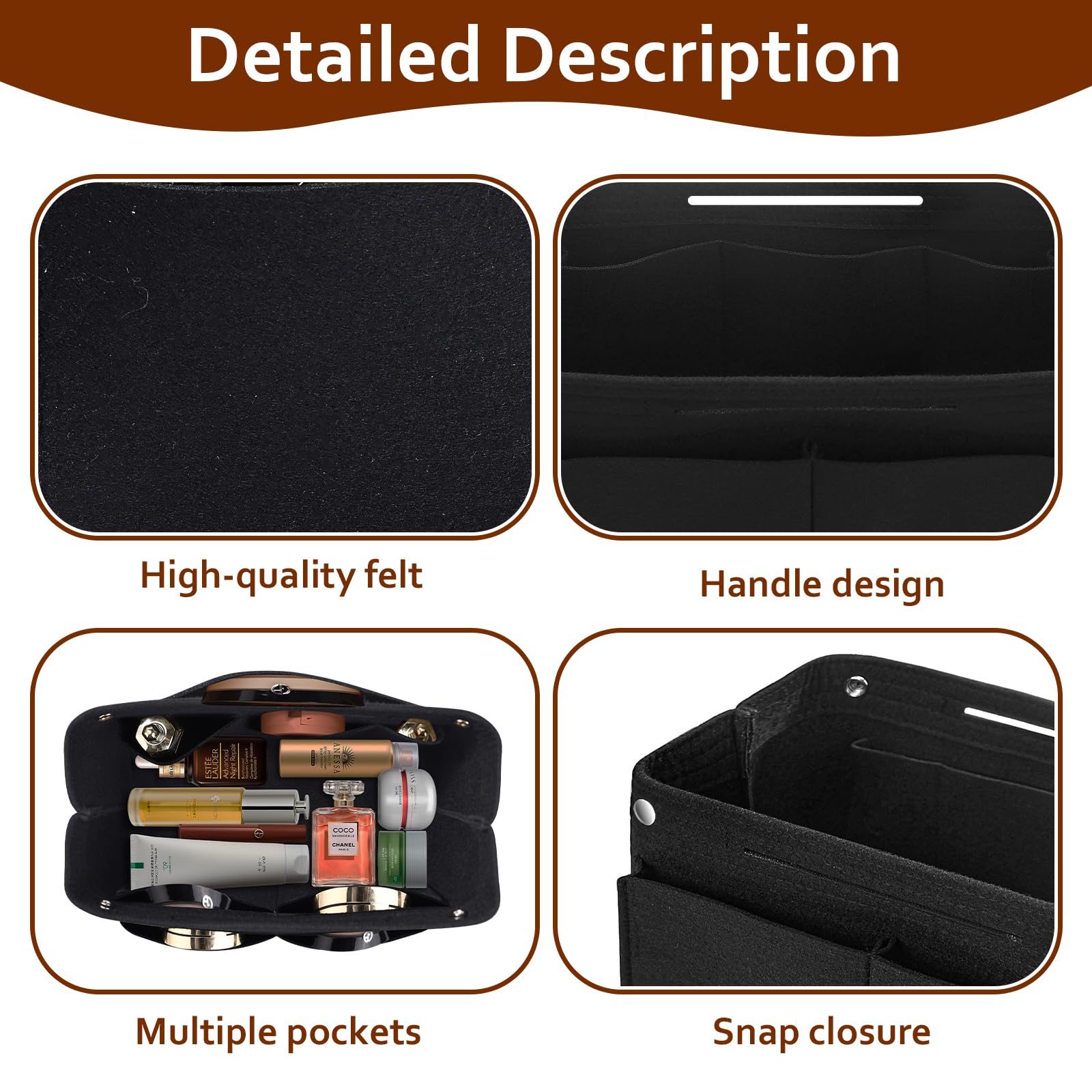 Organizer Interno In Feltro Per Borse – 24x15x8 Cm, Tasche Multiplo, Chiusura A Scatto – Nero, Perfetto Per Trucchi E Accessori