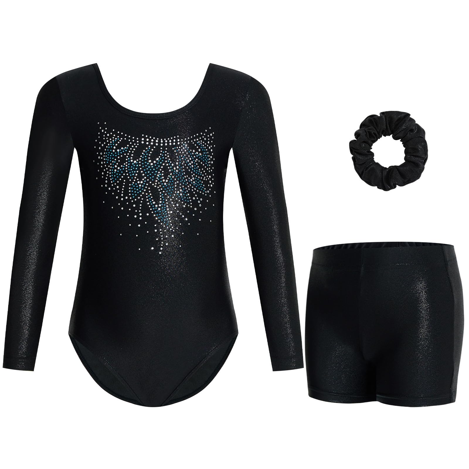Gogokids Mädchen Dreiteilige Gymnastikanzüge, Langärmliges Gymnastik Set mit Shorts und Haarband, Glitzernde Balletteinheitstrikots - Gymnastik Outfit mit Farbverlaufdesign für 3-12 Jahre