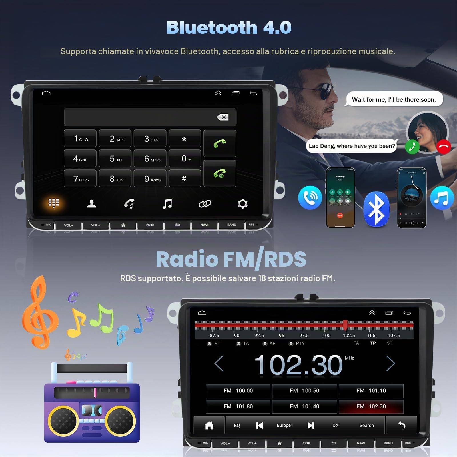 2+32G Autoradio per VW Polo 2009-2013 con Carplay Android Auto, 9 pollici Touchscreen Lettore Ricevitore Multimediale Digitale con Bluetooth WiFi FM RDS SWC telecamera di retromarcia