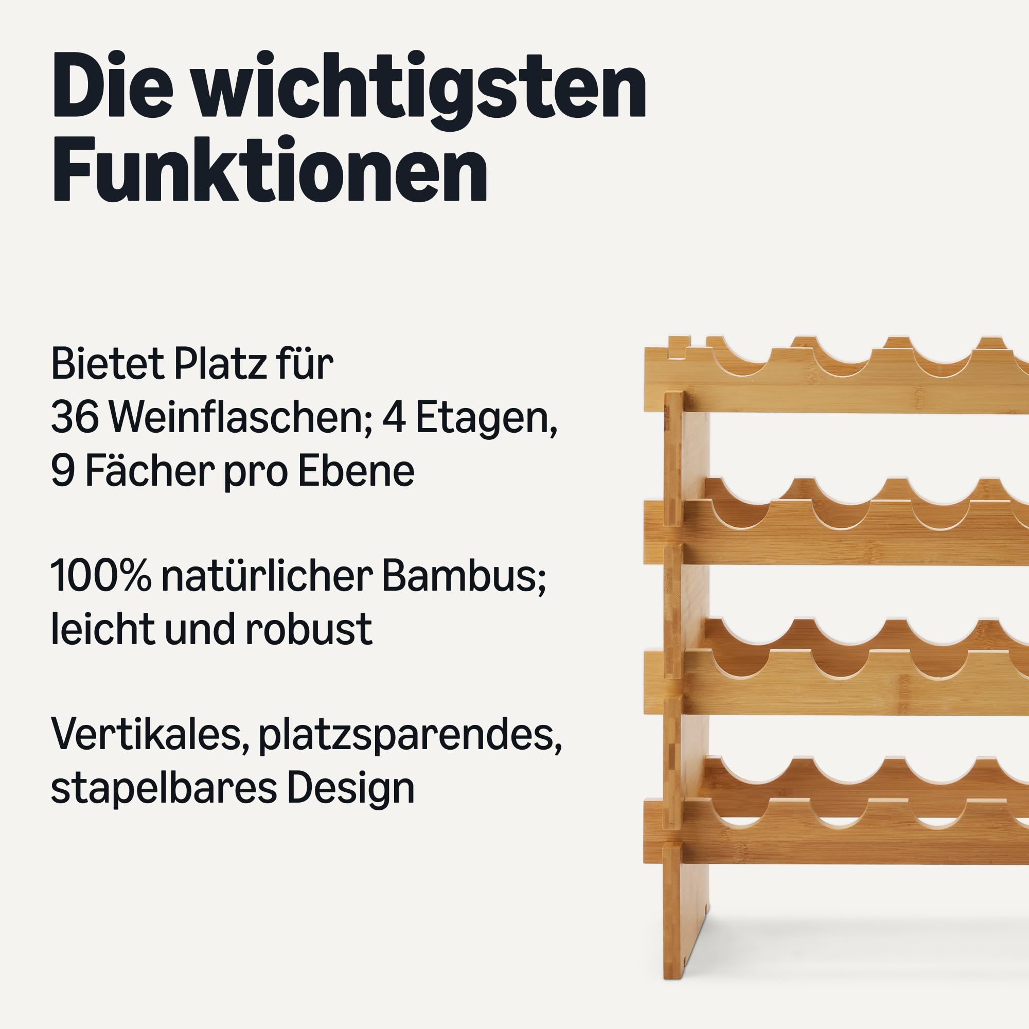 Amazon Basics – Stapelbares Weinregal aus Bambus, Kapazität für 36 Flaschen, Natürlich
