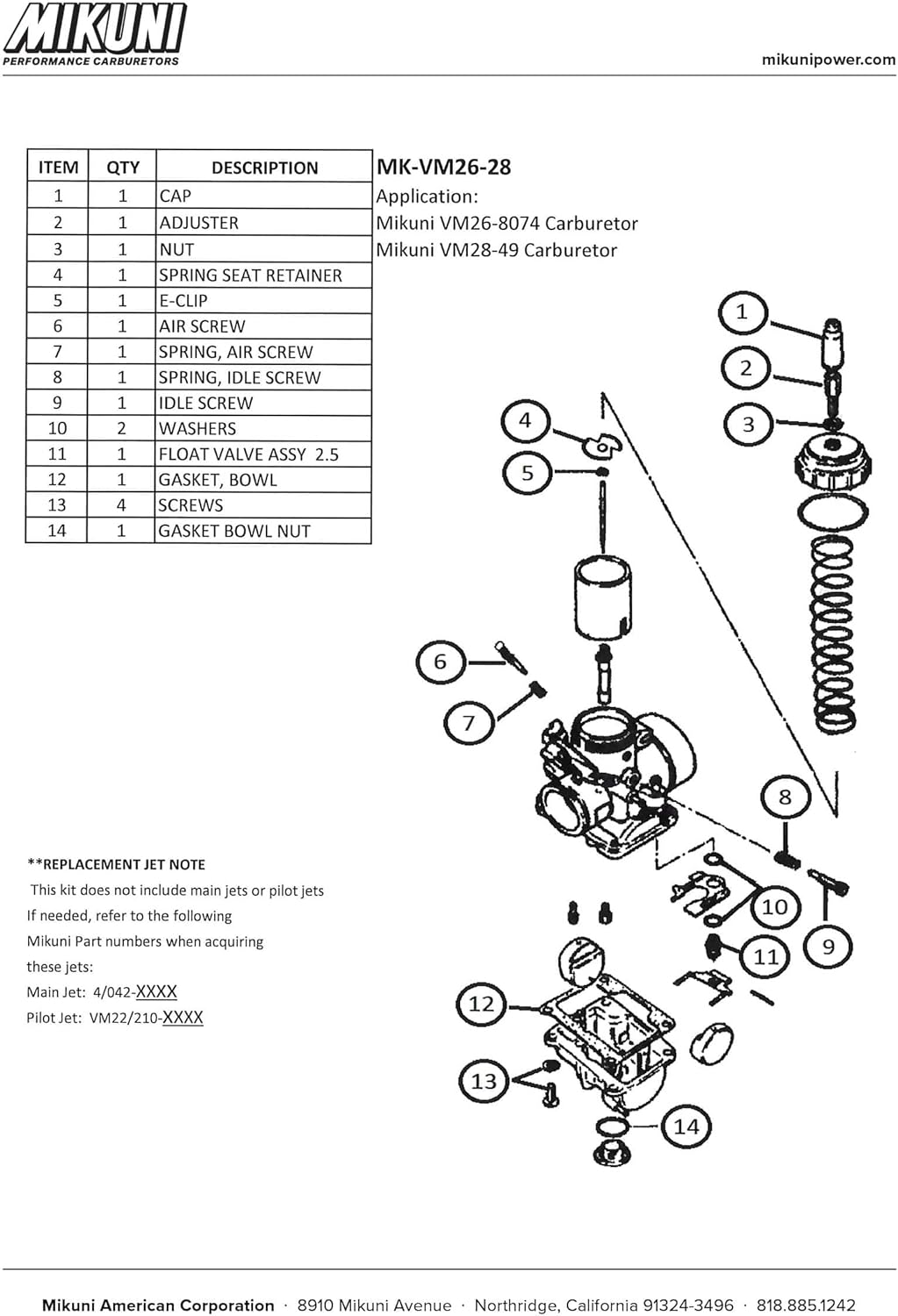Mikuni Carburetor Rebuild Kit for Mikuni VM26-8074 and VM28-49 Carburetors