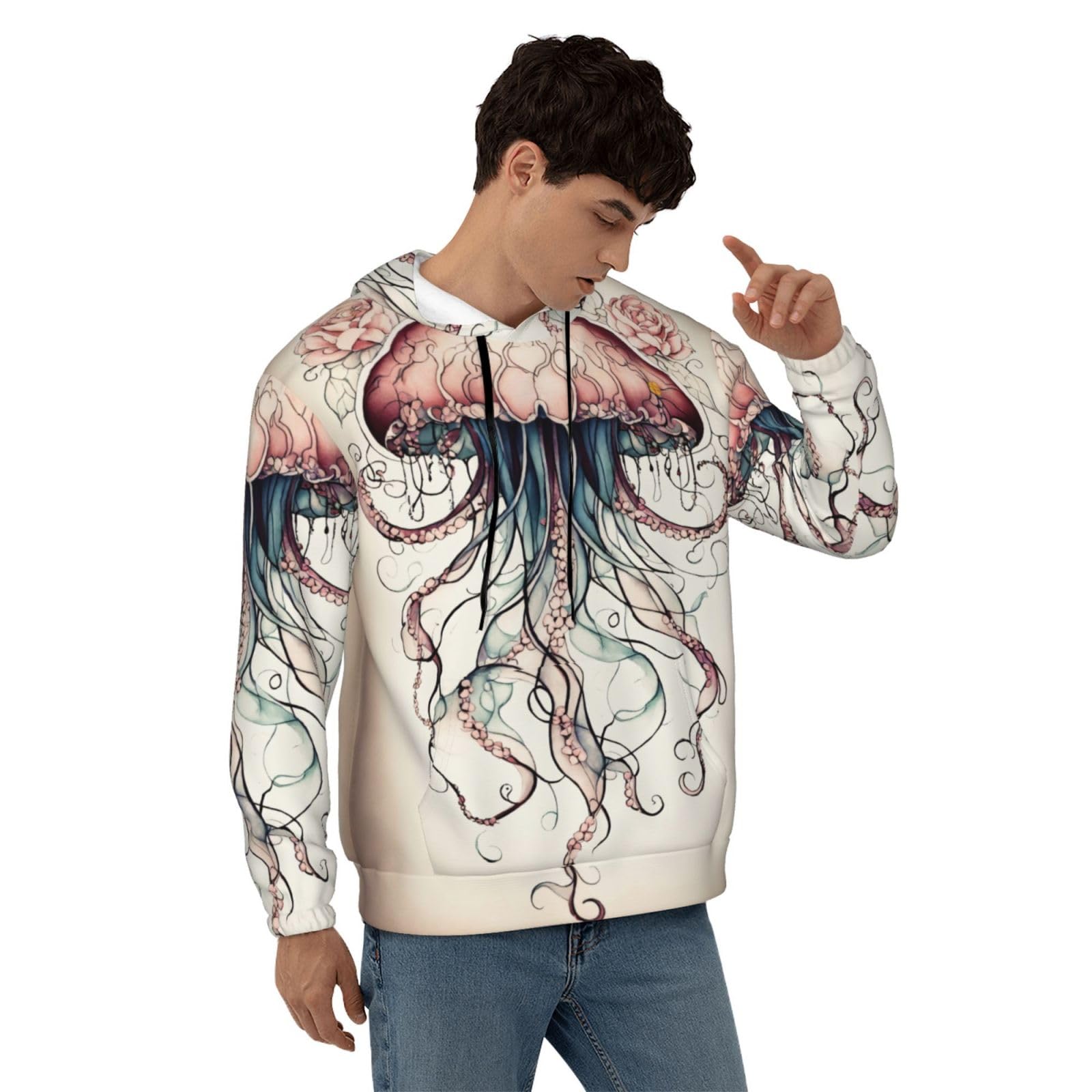 Męska bluza z kapturem z nadrukiem meduzy, casualowa grafika z nadrukiem bluzy z kapturem z kieszenią