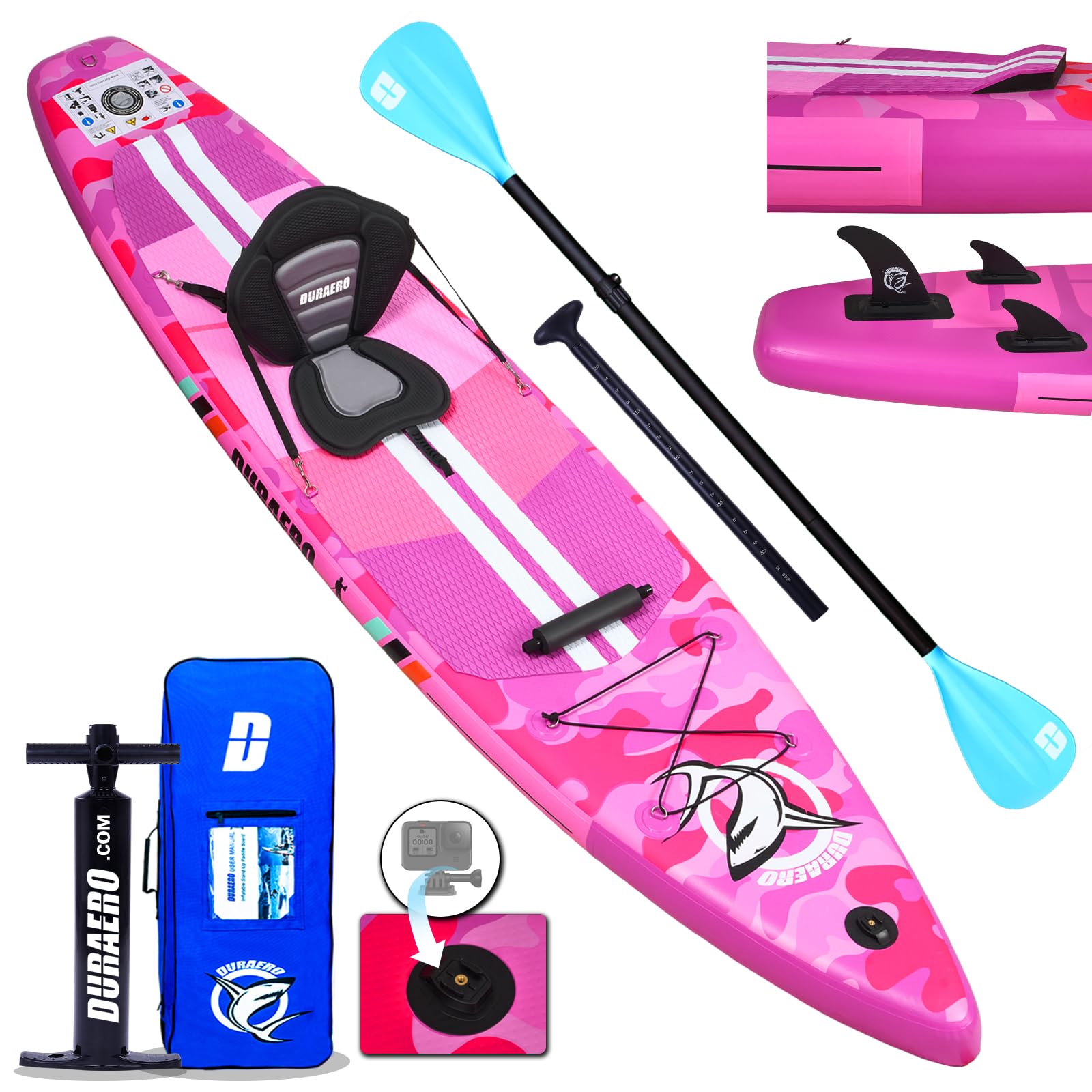 Stand up Paddle Gonflable Planches gonflables, siège Kayak,330 x 76 x 15 cm, jusqu'à 150 kg, Support GO-Pro,Pad intégré, 3 Ailes, Double pagaie réglable, Accessoires complets, Pink