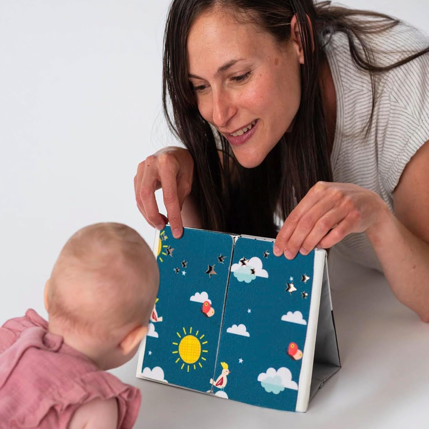 Taf Toys Tummy Time Floor Mirror Book Giocattoli per bambini Attività ad alto contrasto Montessori Neonati Giocattoli, Nero & Bianco Baby Mirror Giocattoli 0 3 6 12 0-3 Mesi Neonato Essenziale per il