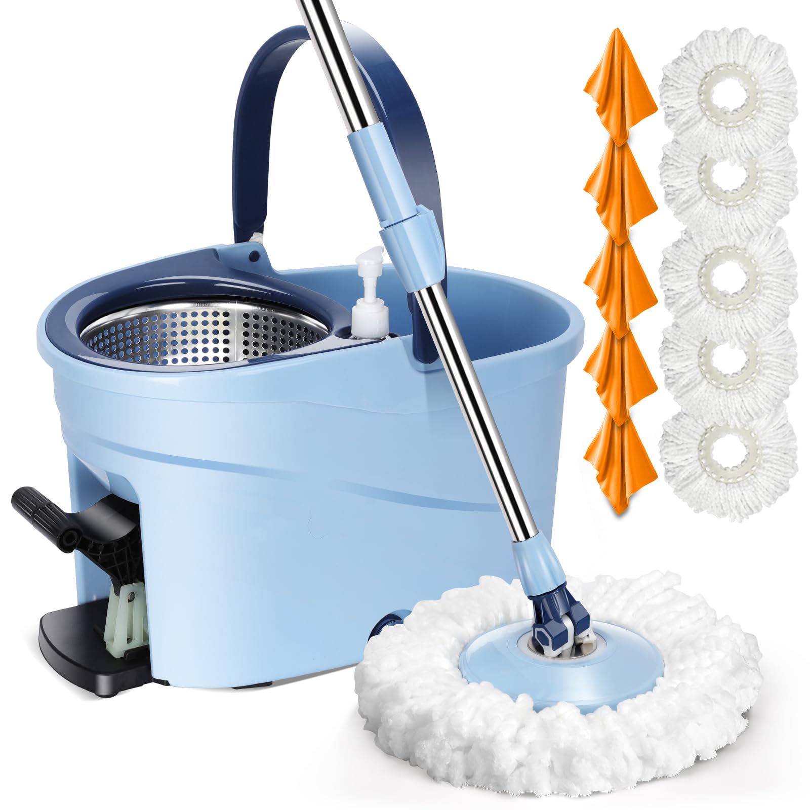 Myiosus Juego de Fregona con Cubo, Cubo Fregona con Pedal Escurridor, Mango Telescópico de 145 cm, Mopas de Limpieza Suelos con Cubo – Enviar 5 Cabezas de Microfibra y 5 Paños