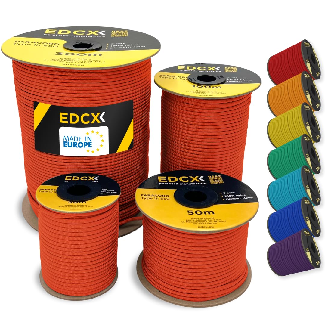EDCX 4mm Nylon Paracord 550 15m (50 feet) | Ideal for Camping, Survival, Outdoor, Crafting, DIY | 100% Nylon Rope 4mm | Paracord 550 Type III in Solid Color (Sofit Orange, 15 m)