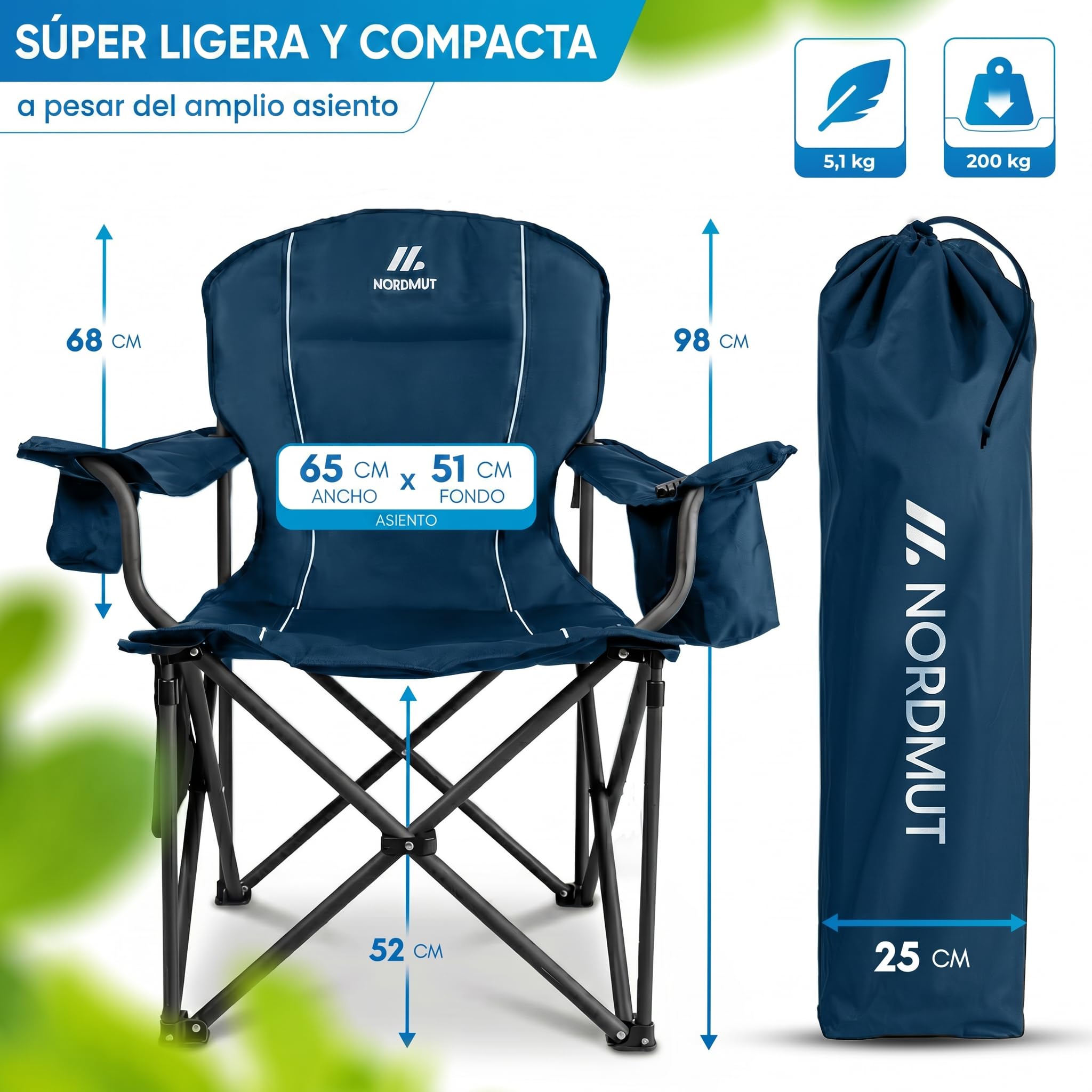 NORDMUT® Silla de Camping Plegable Ligera – Resistente con Capacidad de 200 kg – Cómoda Silla de Pesca con Bolsa térmica práctica y portavasos (Azul 1x)