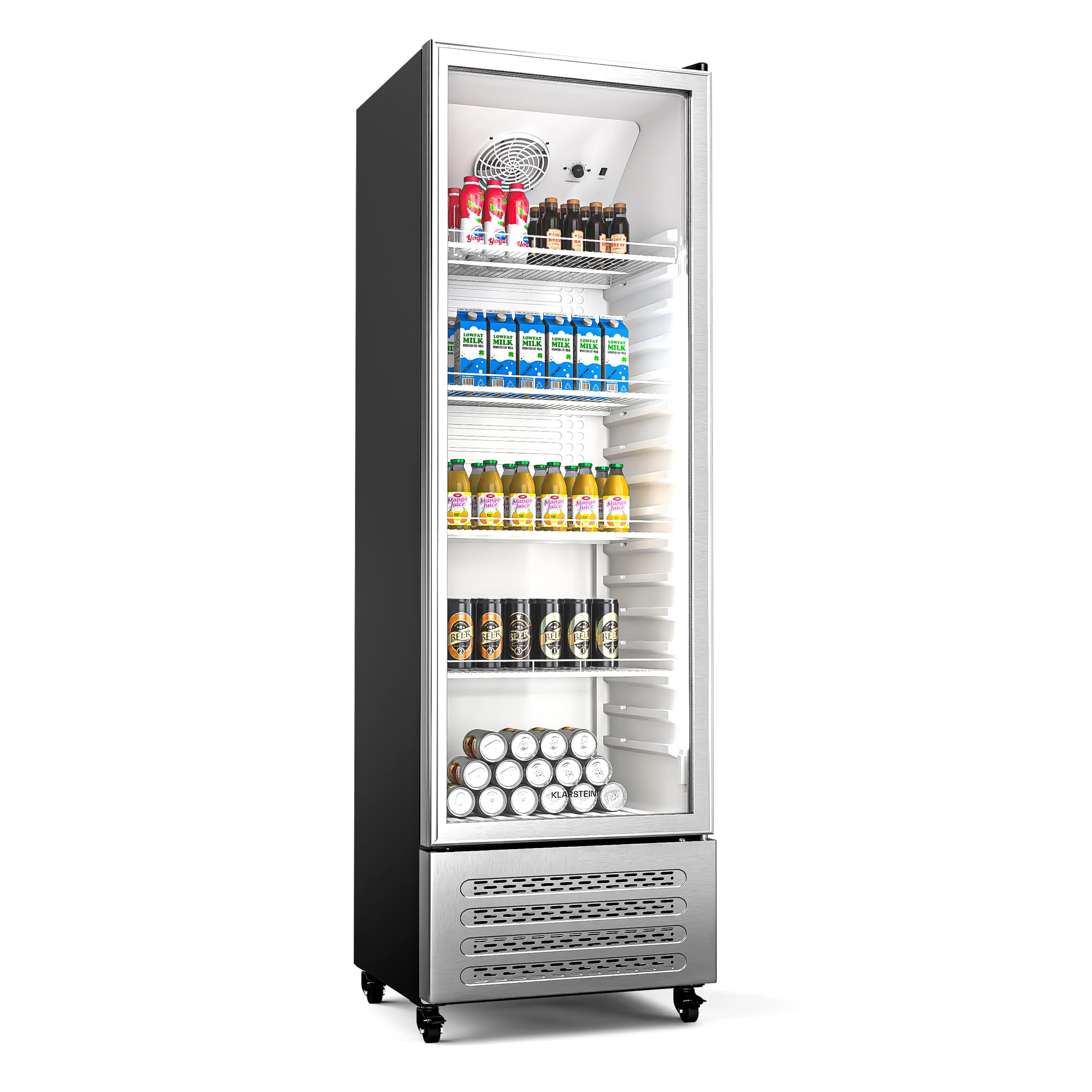 KLARSTEIN GrandCooler 306 L Réfrigérateur à Boissons - Vitrine Réfrigérée avec Porte Double Vitrage, Porte aluminium, Éclairage LED Blanc/Bleu, Thermostat 0°C à 10°C, 4 Étagères, Roues Pivotantes