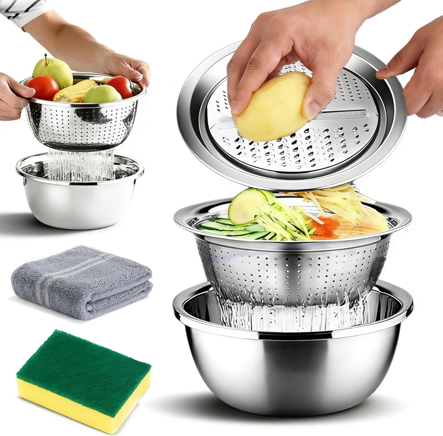 Germany Multifunctional Stainless Steel Basin, 5-in-1 Multifunction Stainless Steel Shredding & Drainage Chopping Basin, Kitchen Vegetable Salad Spinner with Grater, Strainer & Drain Basket (11.81in)