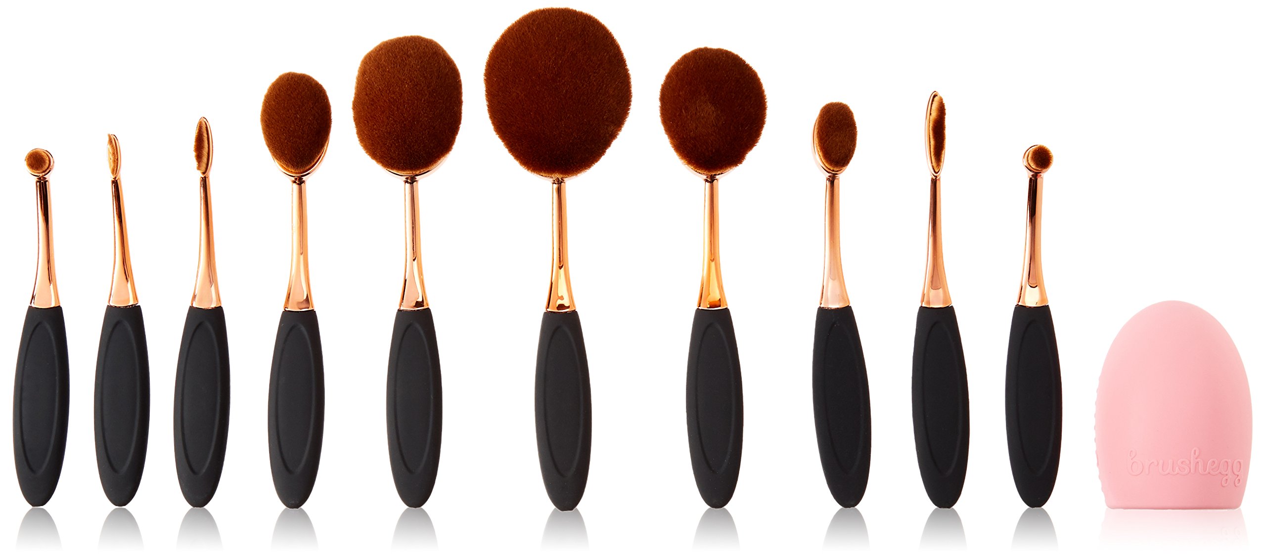 10pcs Soft Oval Toothbrush Design Makeup Brushes Sets Powder Blush Concealer Brush Makeup Cosmetics Tool Kit with Brush Egg (Black/Golden Color)