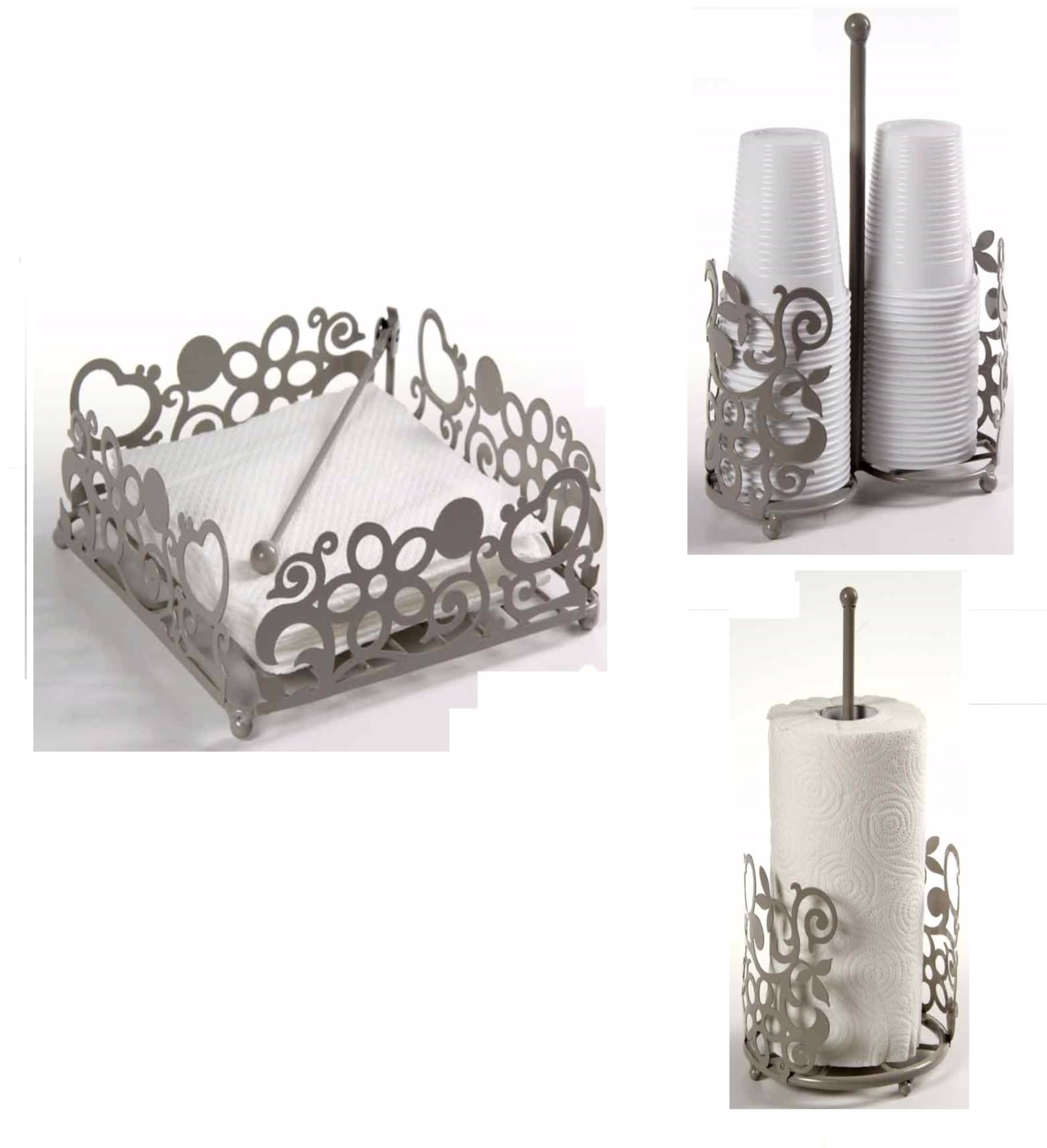 EDITACASA - Set 3 pezzi Porta Bicchieri, Porta Tovaglioli e Porta Rotolo - in metallo il set- kit segue uno stile moderno 2 colori ass tortora e bianco