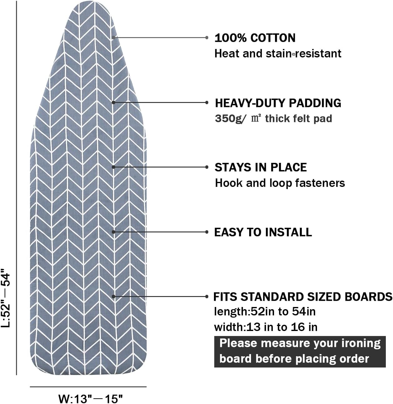 Ironing Board Cover and Pad Standard Size 15 x 54,3 Pairs of Hook and Loop Fastener Straps,Elastic Edges,Cotton Iron Board Cover with Scorch Resistant Thick Padding (Pattern C)