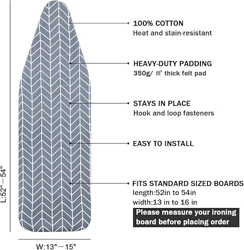 Miniatura 2 de Funda para tabla de planchar y almohadilla de tamaño estándar 15 x 54, 3 pares de correas de cierre de velcro, bordes elásticos, cubierta de algodón