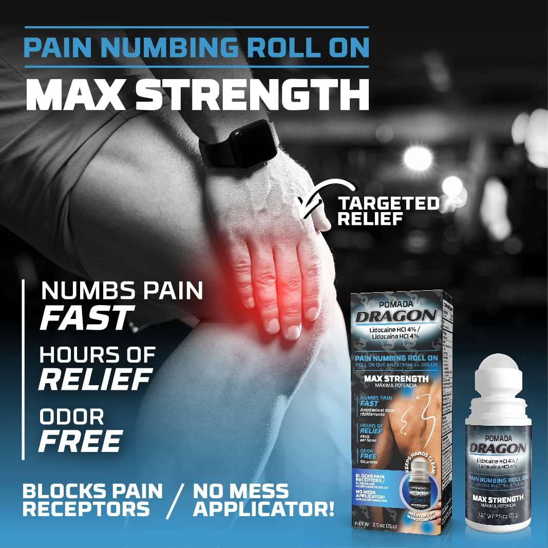 Dragon - POMADA, Maximum Strength- Pain Numbing & Long Lasting Pain Relief No Mess Applicator with Lidocaine Roll On, 2.5 oz, Pack of 3