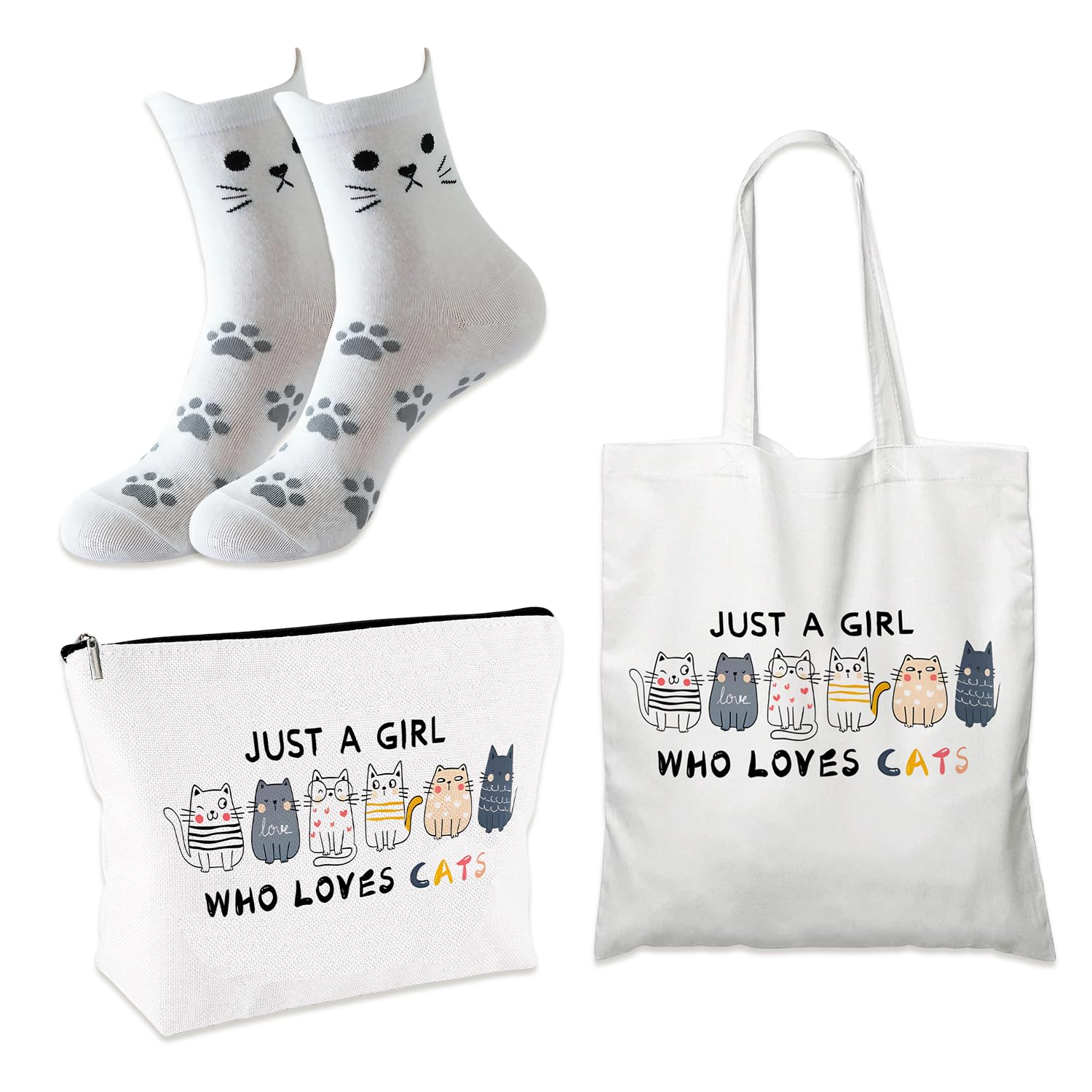 Onperpoe 3 Pcs Woman Cat Tote and Makeup Bags, Reusable Foldable Canvas Grocery Bag