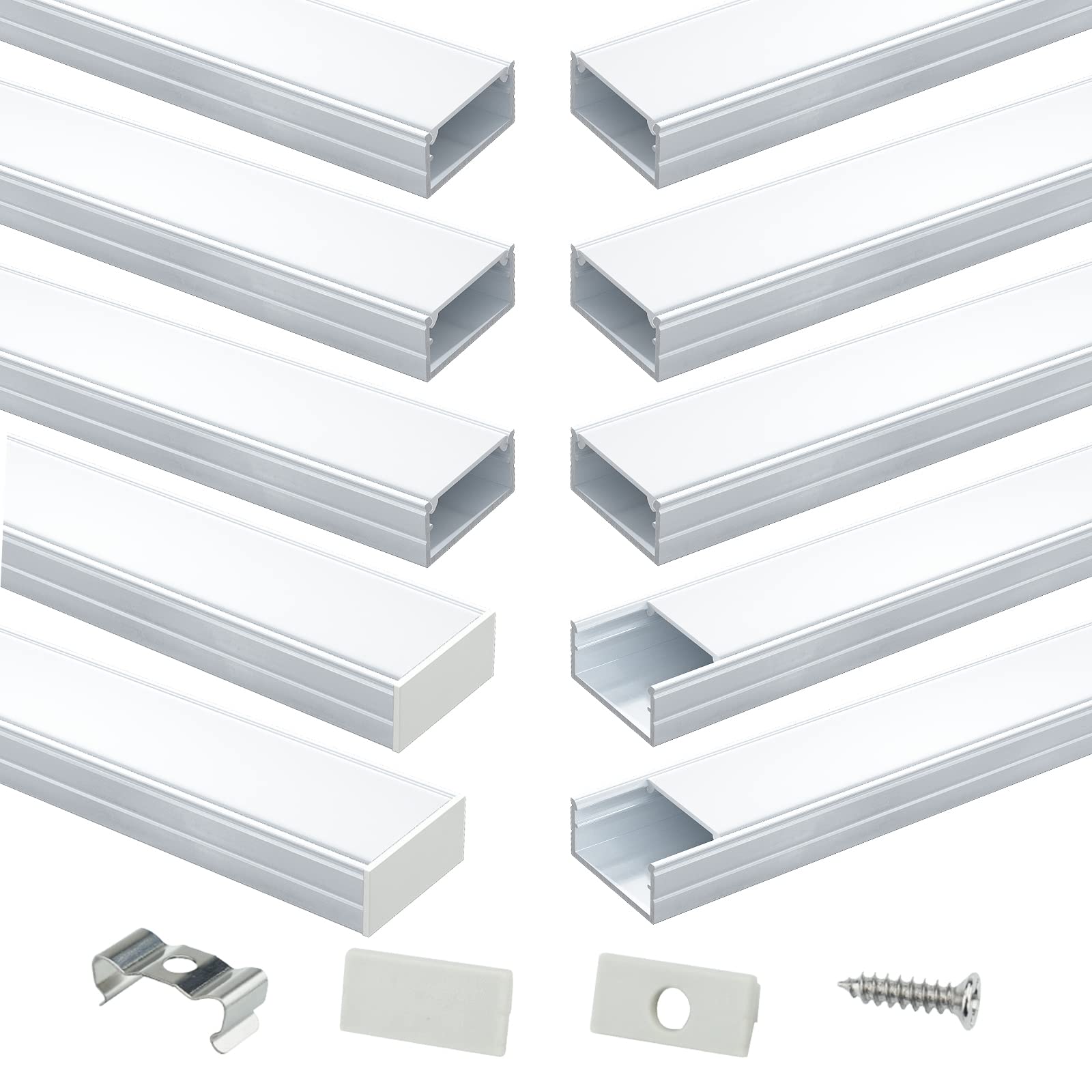 10Pack 6.6FT/2M Silver LED Channel with Milky White LED Strip Cover Super Wide U Shape Aluminum Channel Shallow Profile Track for Waterproof LED Strip Lights, U102 2M WW, LU2 LP1 L2M