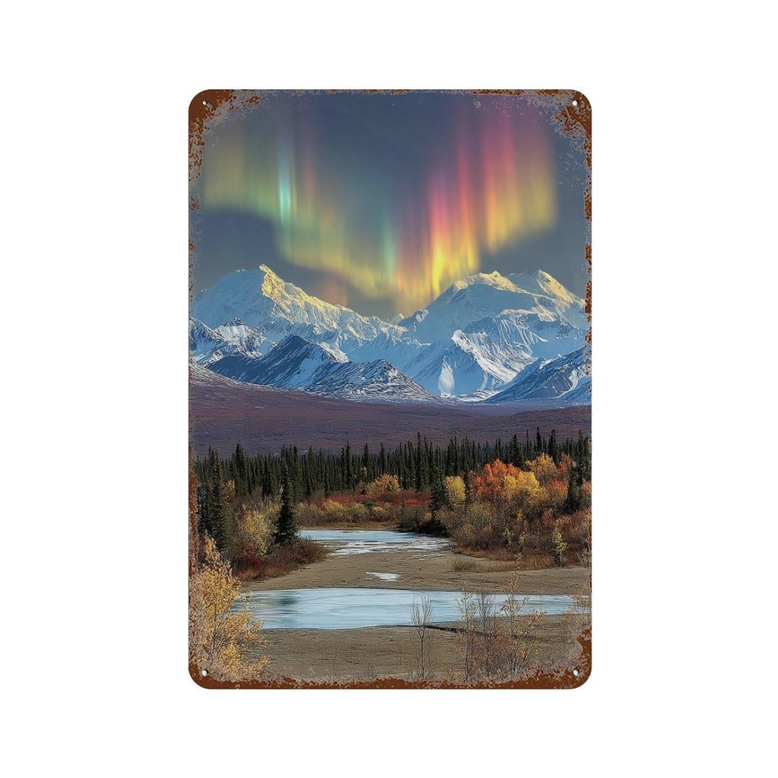 Garage Style Aurora Borealis Over Mountains Distressed Metal Wall Sign 11.8"x7.9", Classic Wall Plaque for Bar And Workshop