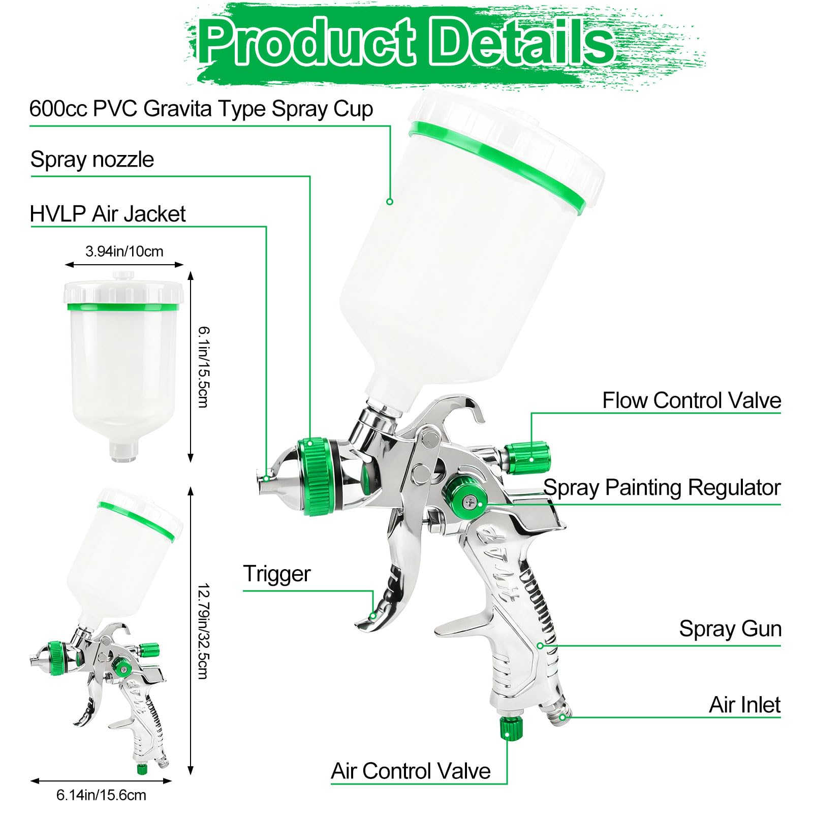 HVLP Pistola pulverizadora de Aire comprimido Profesional con boquillas de 1,4 mm, 1,7 mm, 2,0 mm y 2,5 mm, Sistema de pulverización de Pintura, Pistola con Vaso de plástico de 600 ml