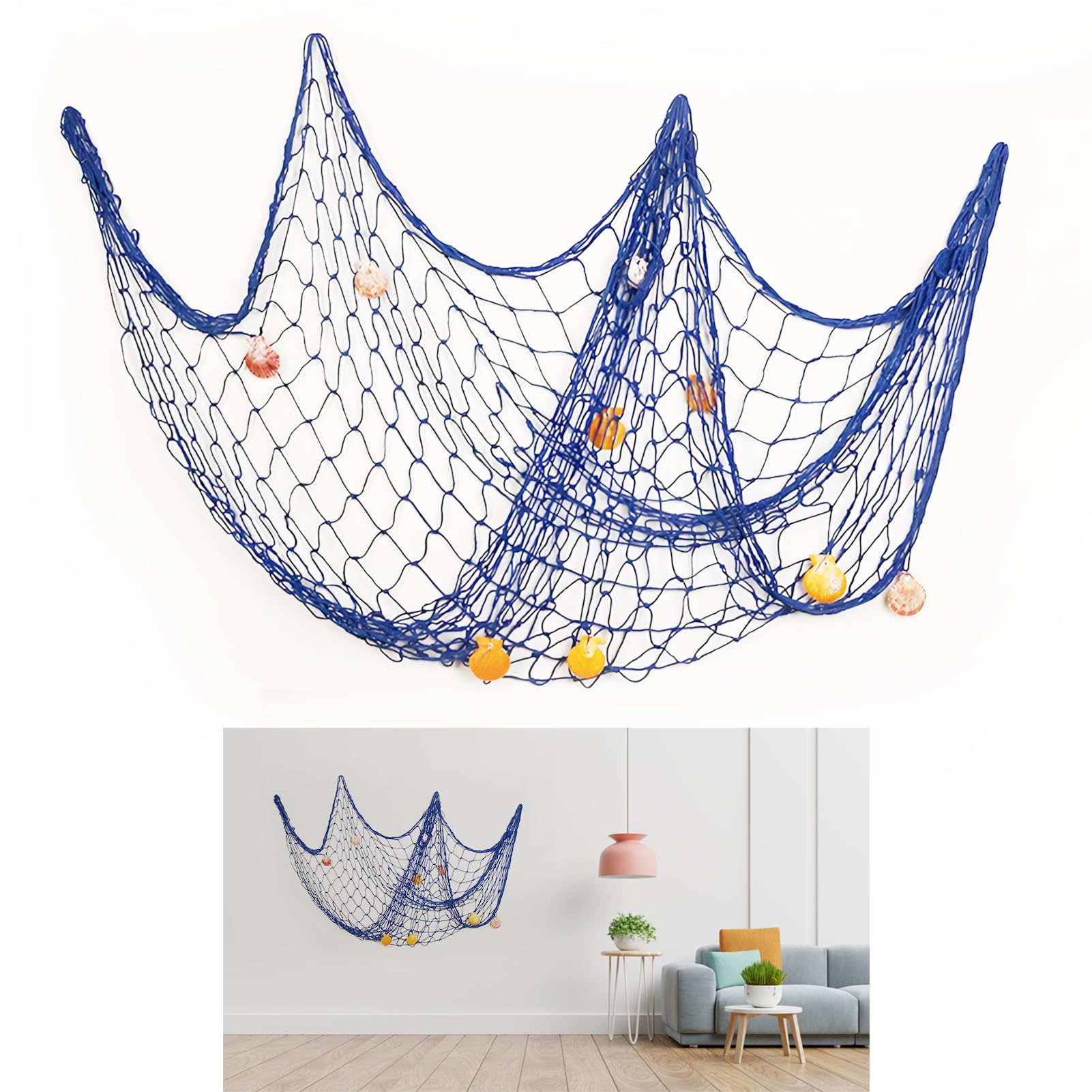 Red de Pesca Decorativa Azul con Conchas de Colores Estilo Mediterráneo 100 x 200 cm