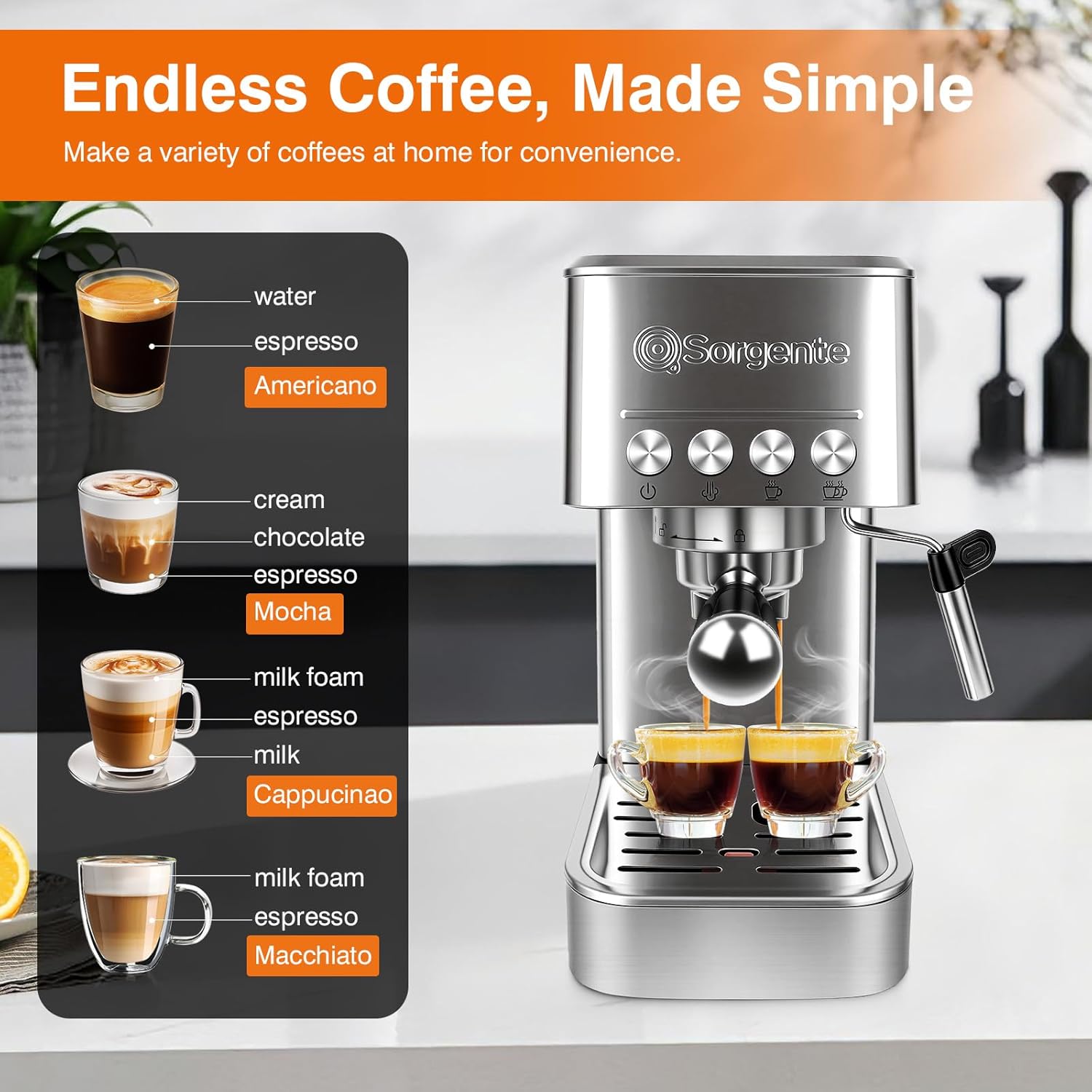 Sorgente Espresso Machine 20 Bar, Stainless Steel Coffee Maker with Milk Frother, 1350W with Fast-Heating System, Innovative Coffee Grounds Filter, Espresso Machines for Home Barista