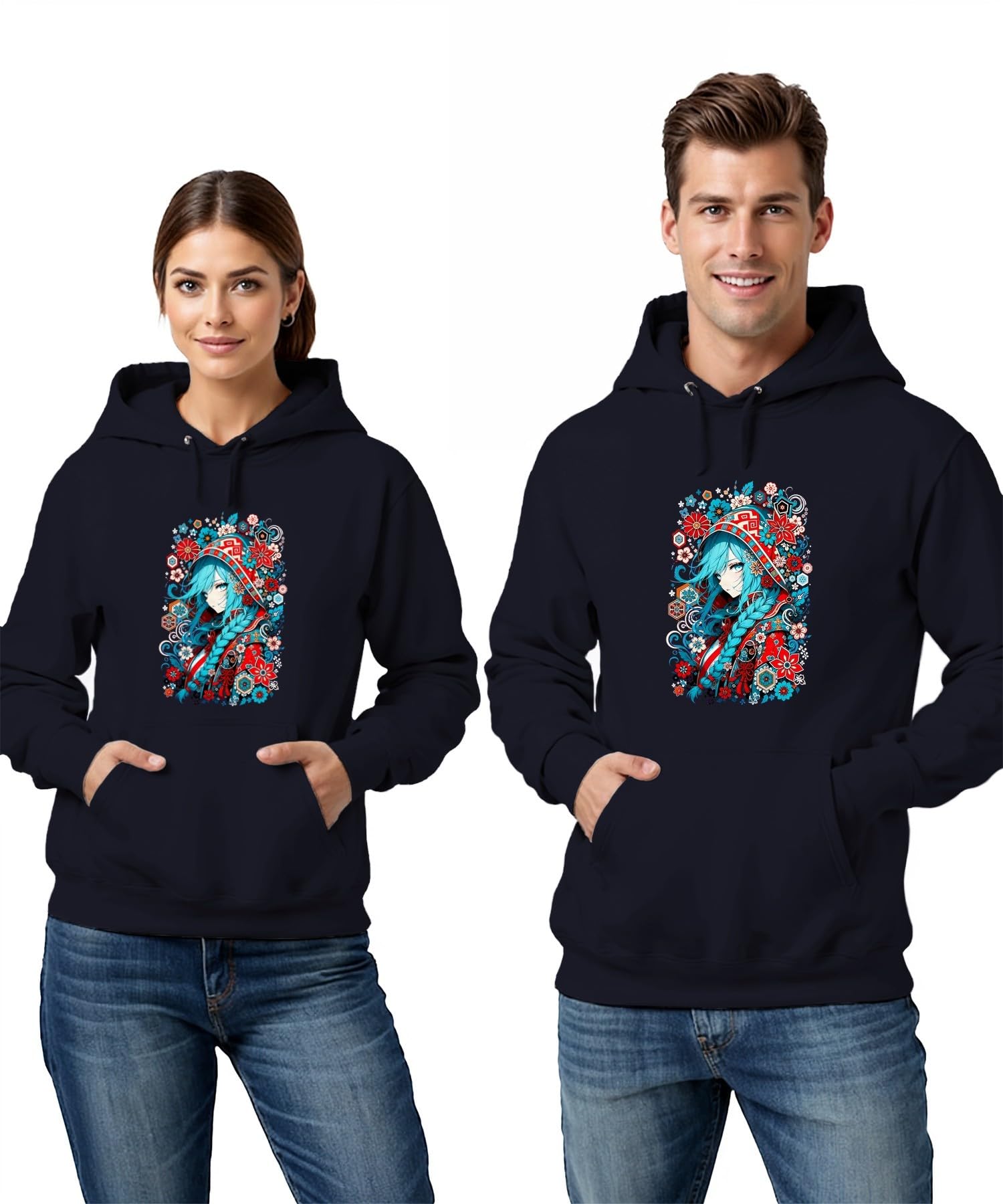 Anime dziewczęca niebieskie włosy Japonia Y2K bluza z kapturem, granatowa, M | Aesthetic warkocz kwiaty tradycyjny Cosplay fantazja prezent dla geek kolorowy portret folkloru