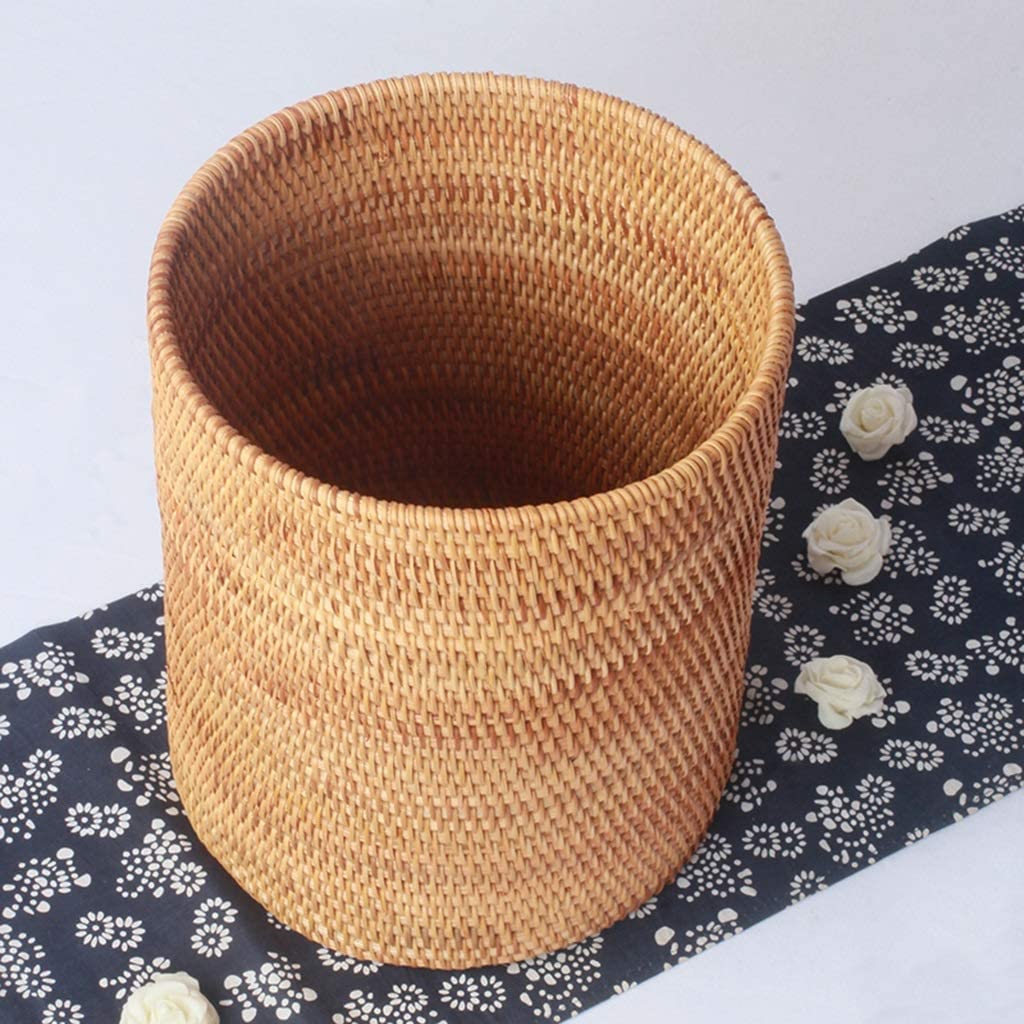 NOLLAM Papelera Cubo de Basura Redondo de ratán Tejido a Mano Cubos de Basura Cesta de Basura sin Tapa Cesta de Almacenamiento de Basura Decorativa para Dormitorio Cocina Interior Basurero Cocina