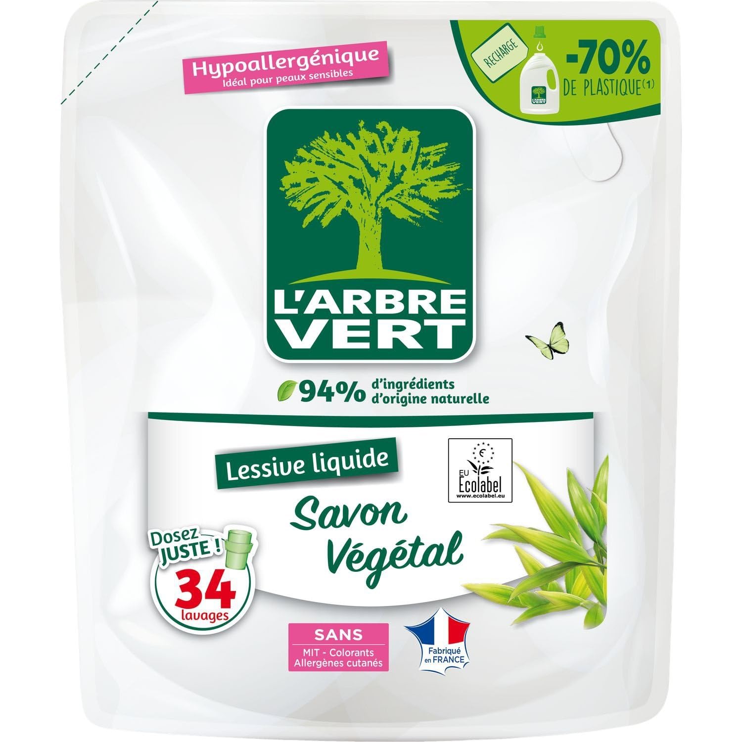 L'ARBRE VERT – Lessive Liquide Hypoallergénique Douceur Végétale, Recharge Écologique 1,53L - Le lot de 3