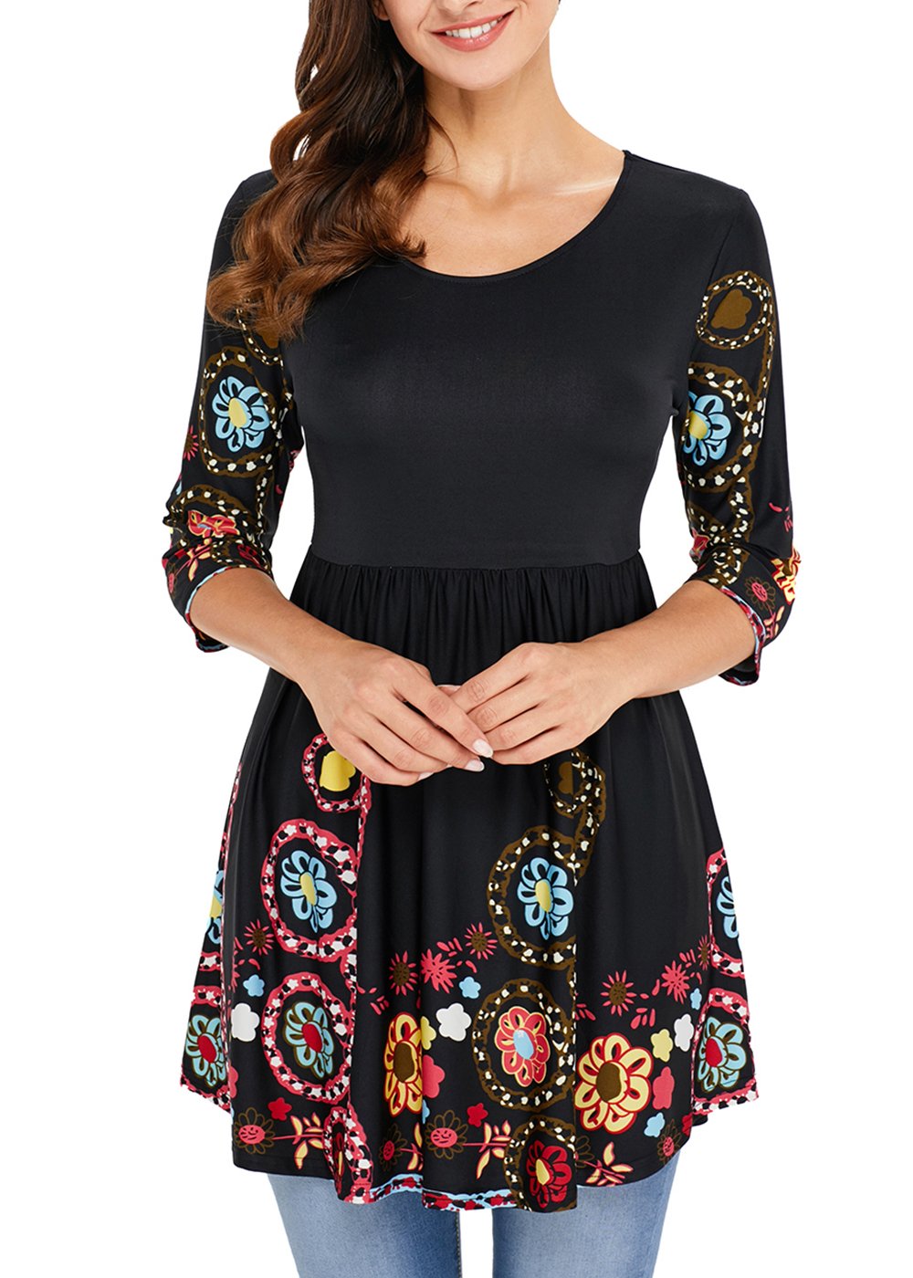 Women Floral Tunic with 3/4 Sleeves - Long Casual Floral Shirt Blouse with Round Neck - Buttons up Top Shirt Black2 Large