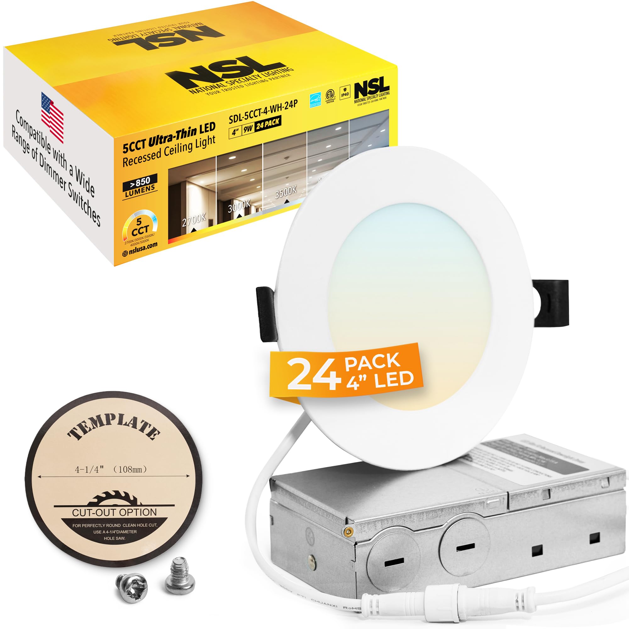 NSL 4 Inch LED Recessed Lights (24PK)-Spacious Junction Box(5 Knockout Holes)- Adjustable Color & Brightness (5CCT Dimmable Ceiling Light)- Ultra Thin