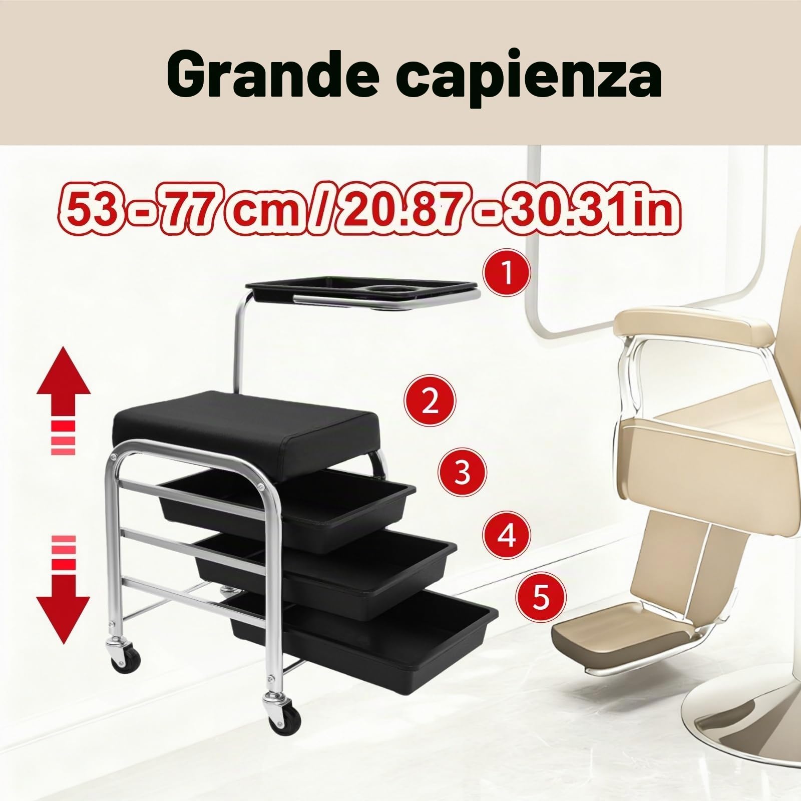 Carrello per manicure con ruote, carrello da salone 53 – 77 cm, altezza regolabile con ripiani a 3 livelli, carrello per manicure per la cura della bellezza con capacità di carico di 100 kg, 31
