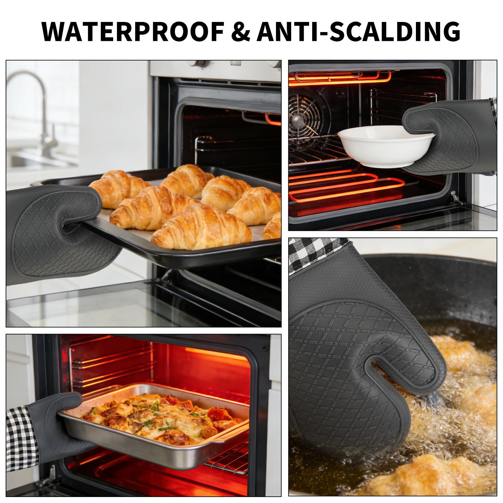 Tifanso Plaid Ofenhandschuhe und Topflappen 4-teiliges Set, Ofenhandschuhe Handschuhe Hitzebeständig mit rutschfester Silikonoberfläche zum Kochen Backen Grillen, Baumwolle Topflappen Pads für Küche