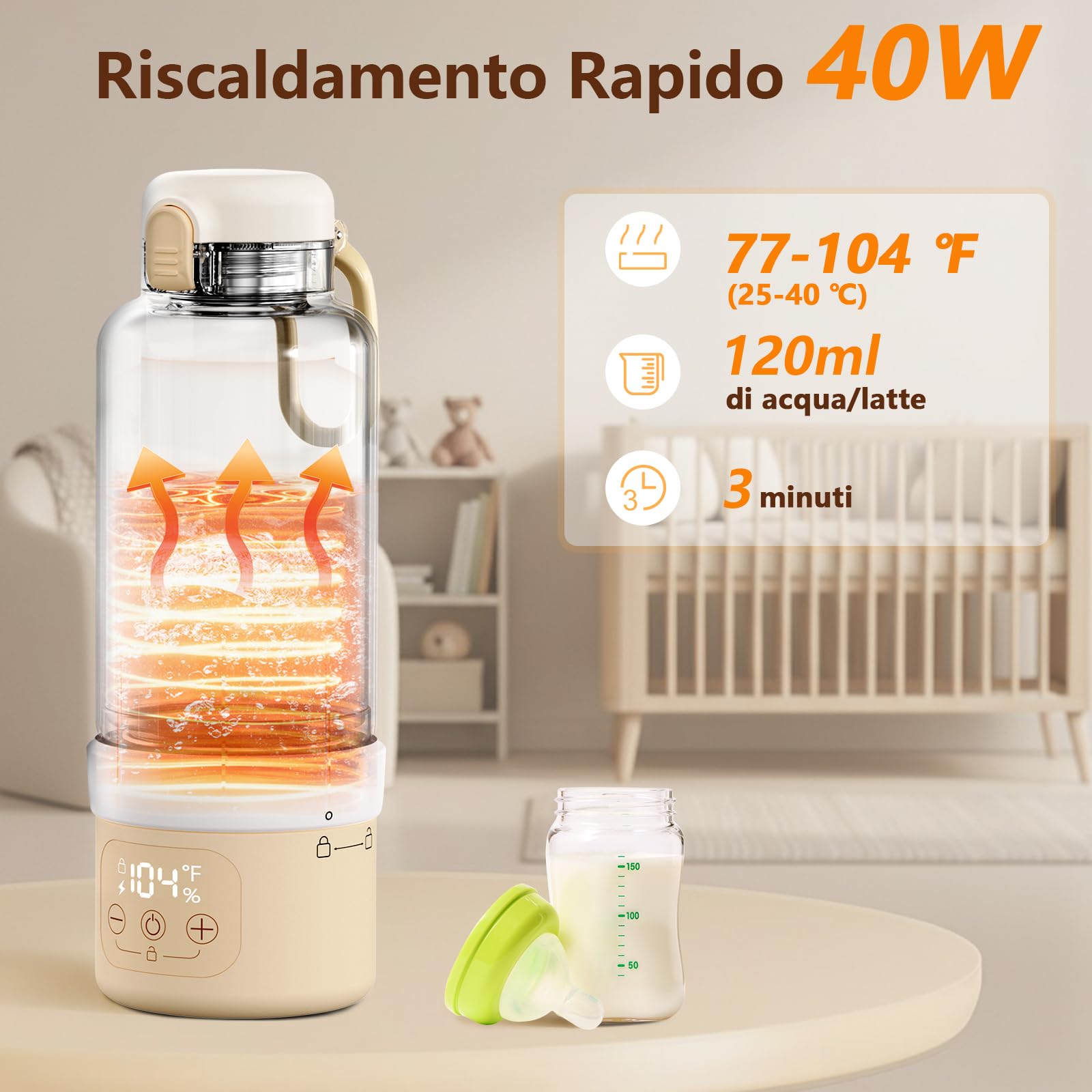 Robofun Scaldabiberon Portatile Senza Fili, Scalda Biberon Neonato Portatile, Riscaldamento Rapido e Lunga Durata della Batteria, Grande Capacità di 500ml, Comodo Da Usare Sempre e Ovunque