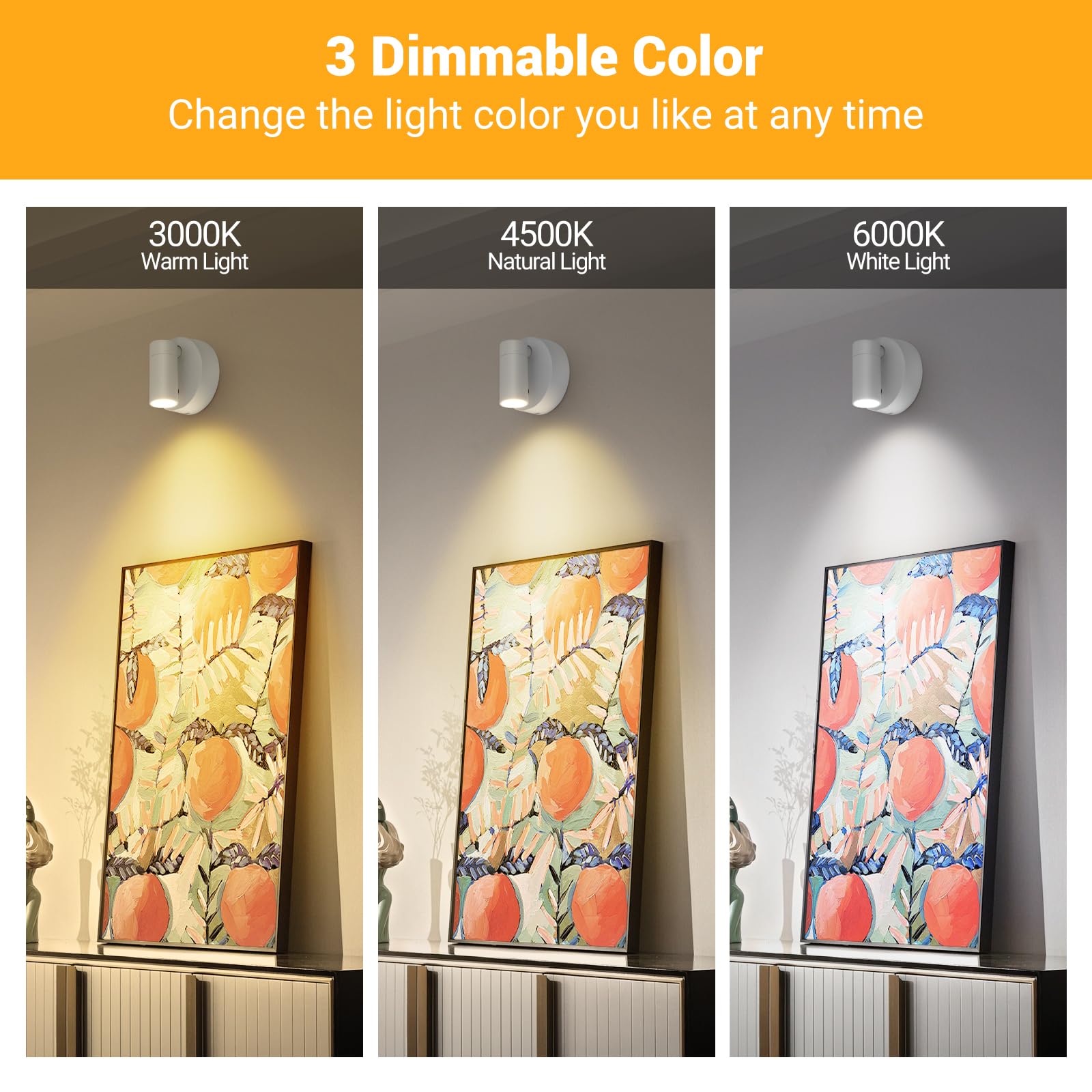 OTeedo Wireless Spotlights Indoor with Remote Up Lights Indoor Picture Light Battery Operated Spot Lights with 3 Color Dimmable Accent Uplighting Stick on Wall Light for Plant Artwork White