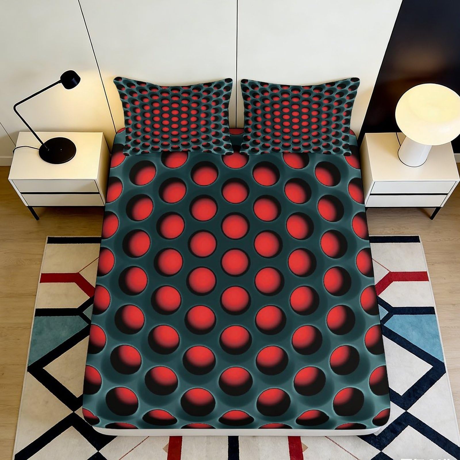 3D Printed Red Black Circle Fitted Sheet Microfiber Soft Non-Slip Geometric Dot Bed Cover for Bedroom Dorm Decor 140x200x25cm