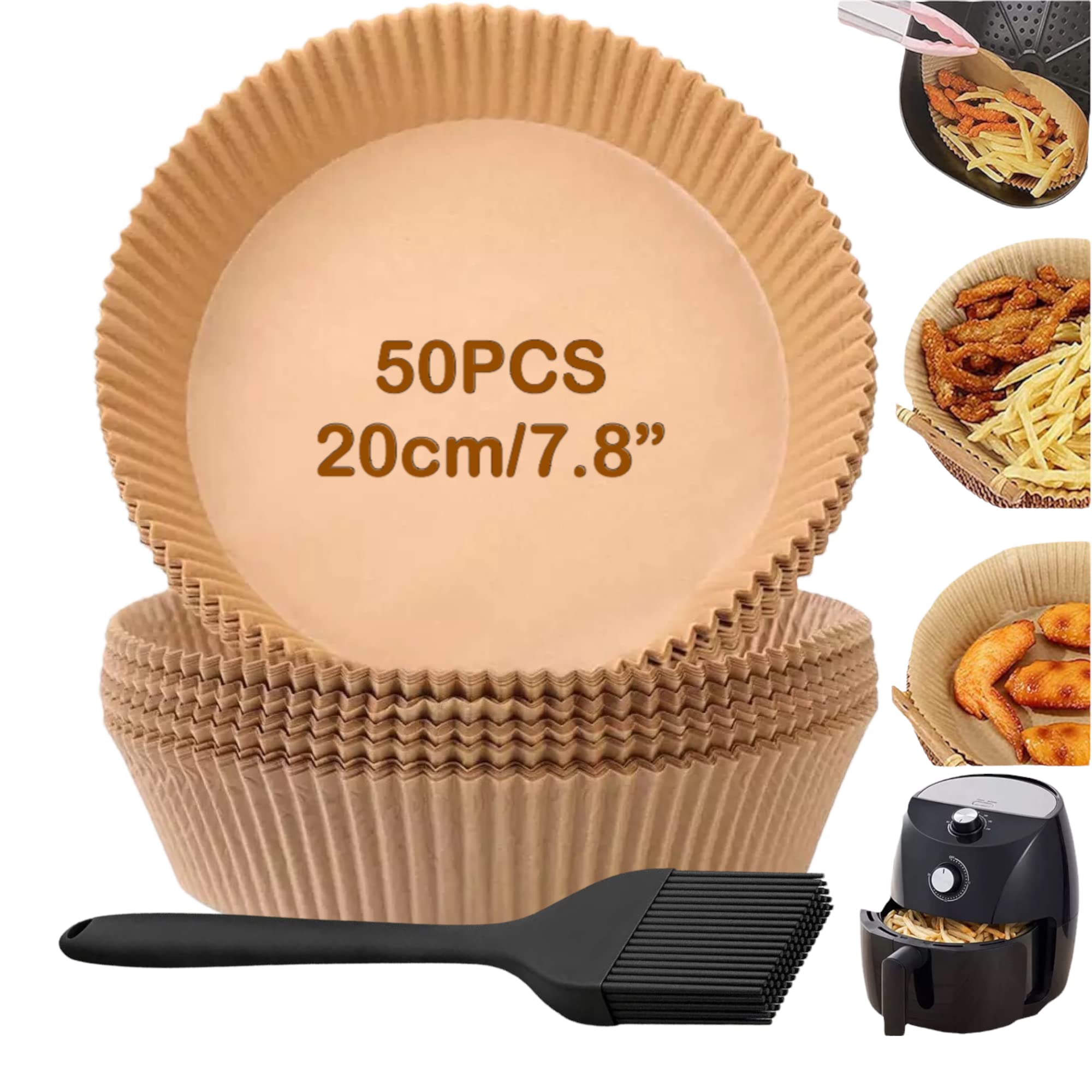 7.8 Inch Disposable Parchment Paper with 8 Inch Silicone Oil Brush for Air Fryer, Steamer and Microwave, Nonstick, Oil Proof, Waterproof Food Grade Paper Liner for Roasted Baking Oven (Natural,50Pcs)