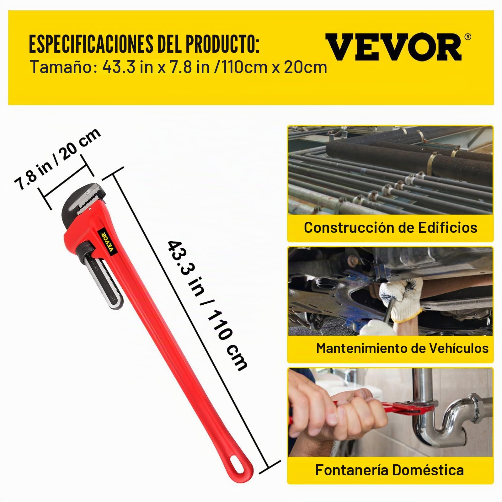 VEVOR Llave de Hierro fundido para tubos de 152,4 cm llave de garra de mandíbula de 200 mm llave para tubos de plomería ajustable resistente para grifo de fregadero, inodoro, escurridor, baño, cocina
