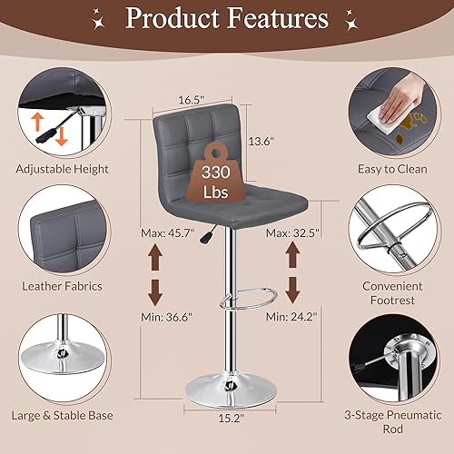 Miniatura 16 de ZENY Taburetes de bar extragrandes – Sillas de mostrador ajustables de altura giratoria, juego de 4, taburetes cuadrados de piel sintética para
