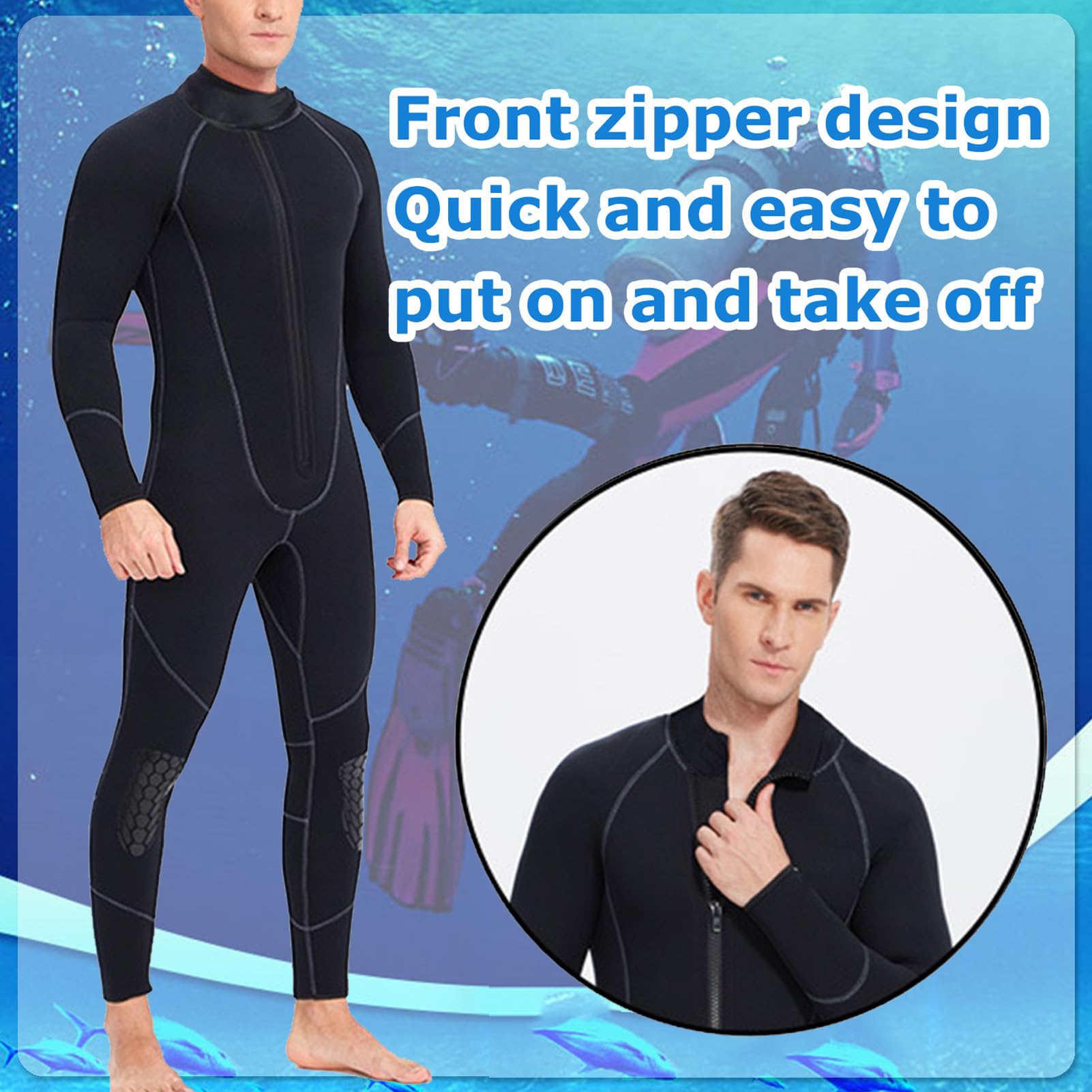 TOVCHEI Neoprene One-Piece Wetsuit Front Zipper Long Sleeves Anti-Jellyfish Warm Diving Suit for Snorkeling, Scuba, Swimming,1.5mm,S