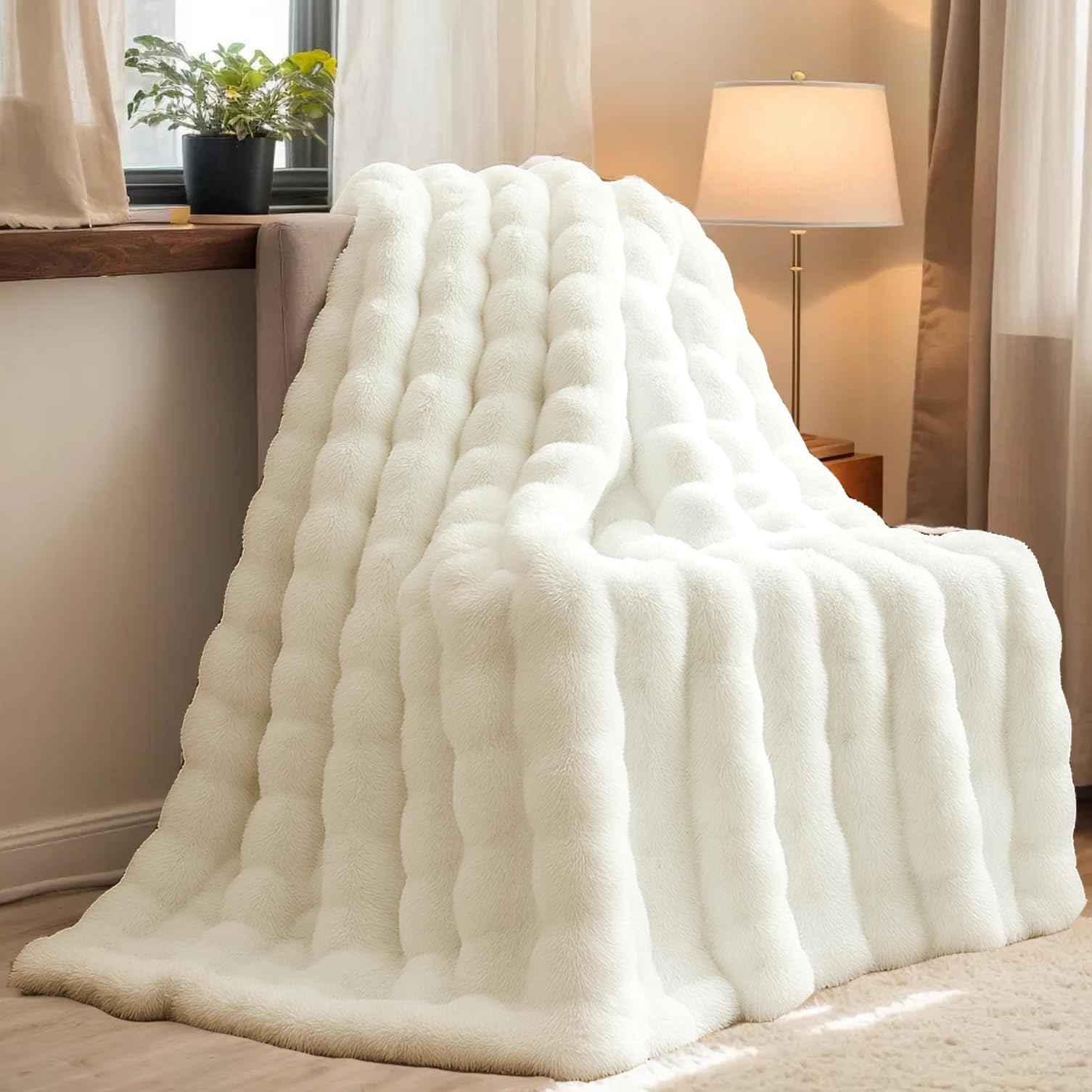 H&D Faux Fur Throw Blanket for Couch,Fluffy Cozy Soft Plush Luxury Thick Fuzzy Fleece Blanket for Couch Bed Sofa Bedroom Living Room,Comfy Bubble