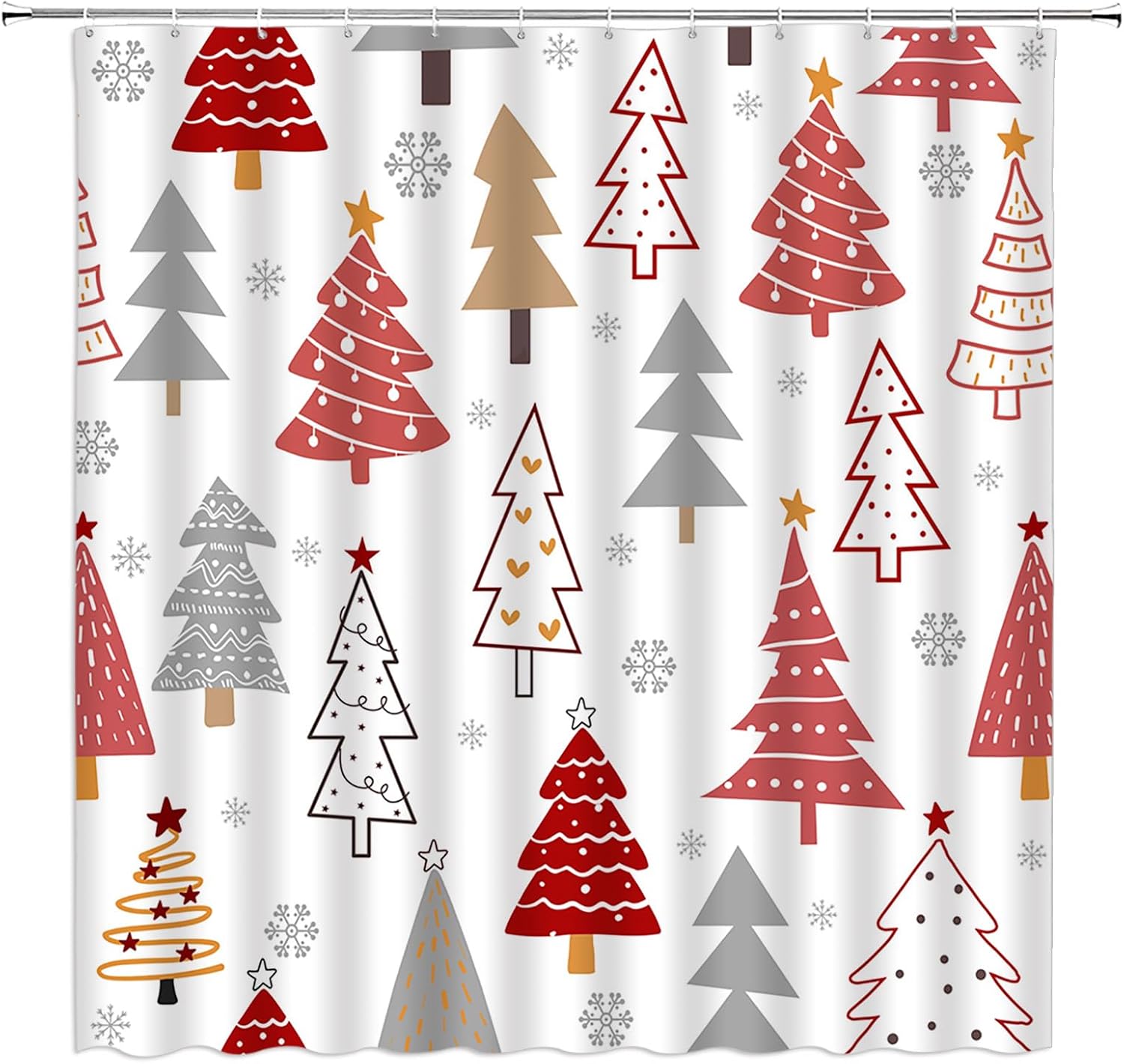 Christmas Tree Shower Curtain Pink White Gray Cute Cartoon Xmas Tree Stars Rustic Vintage Farmhouse Winter Holiday Fabric Bathroom Decor Curtain with Hooks,70Wx96H Inches