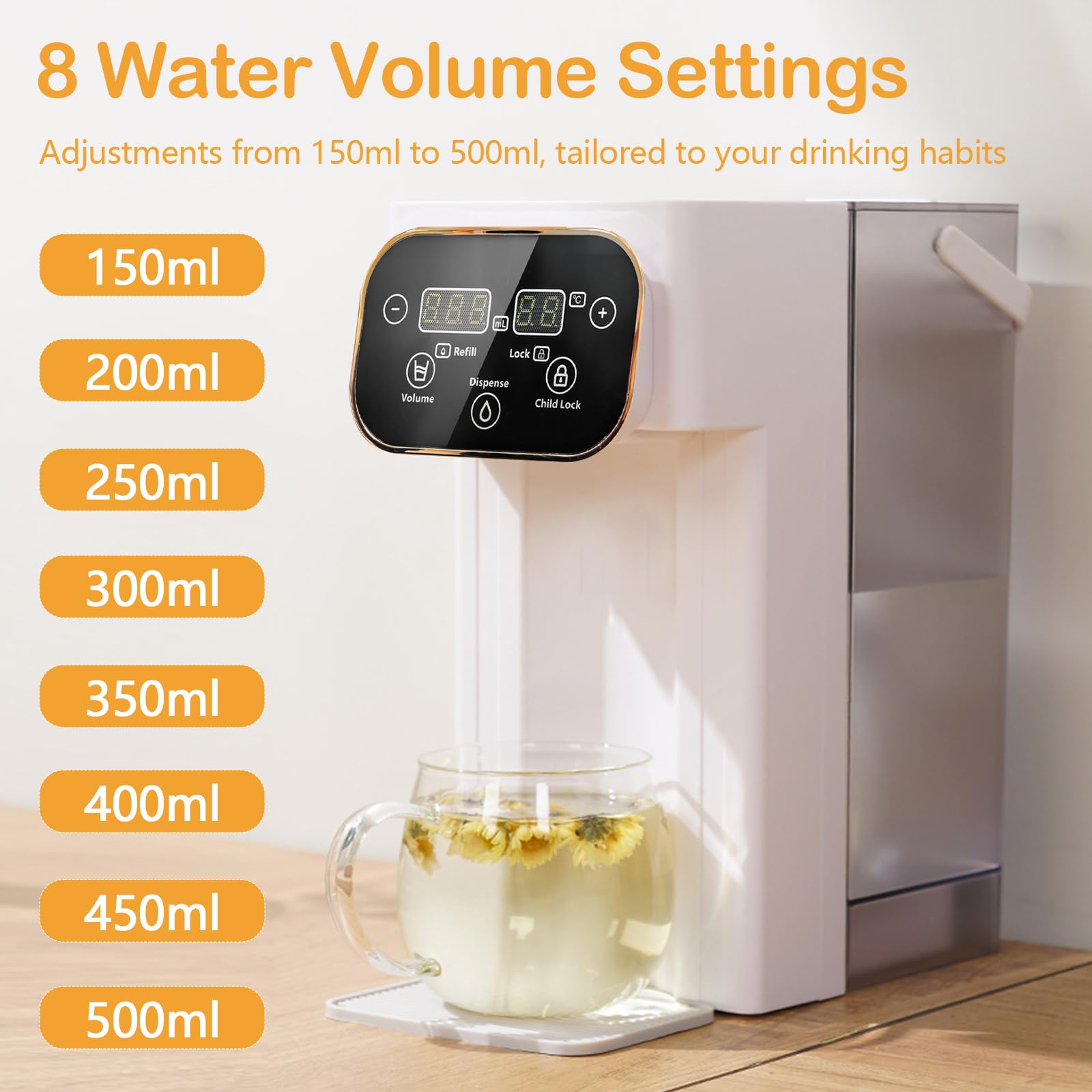 Distributeur d'Eau Chaude 3L Numérique Instantané écran Tactile LED 12 Réglages Température 8 Réglages Volume Filtre Charbon Actif