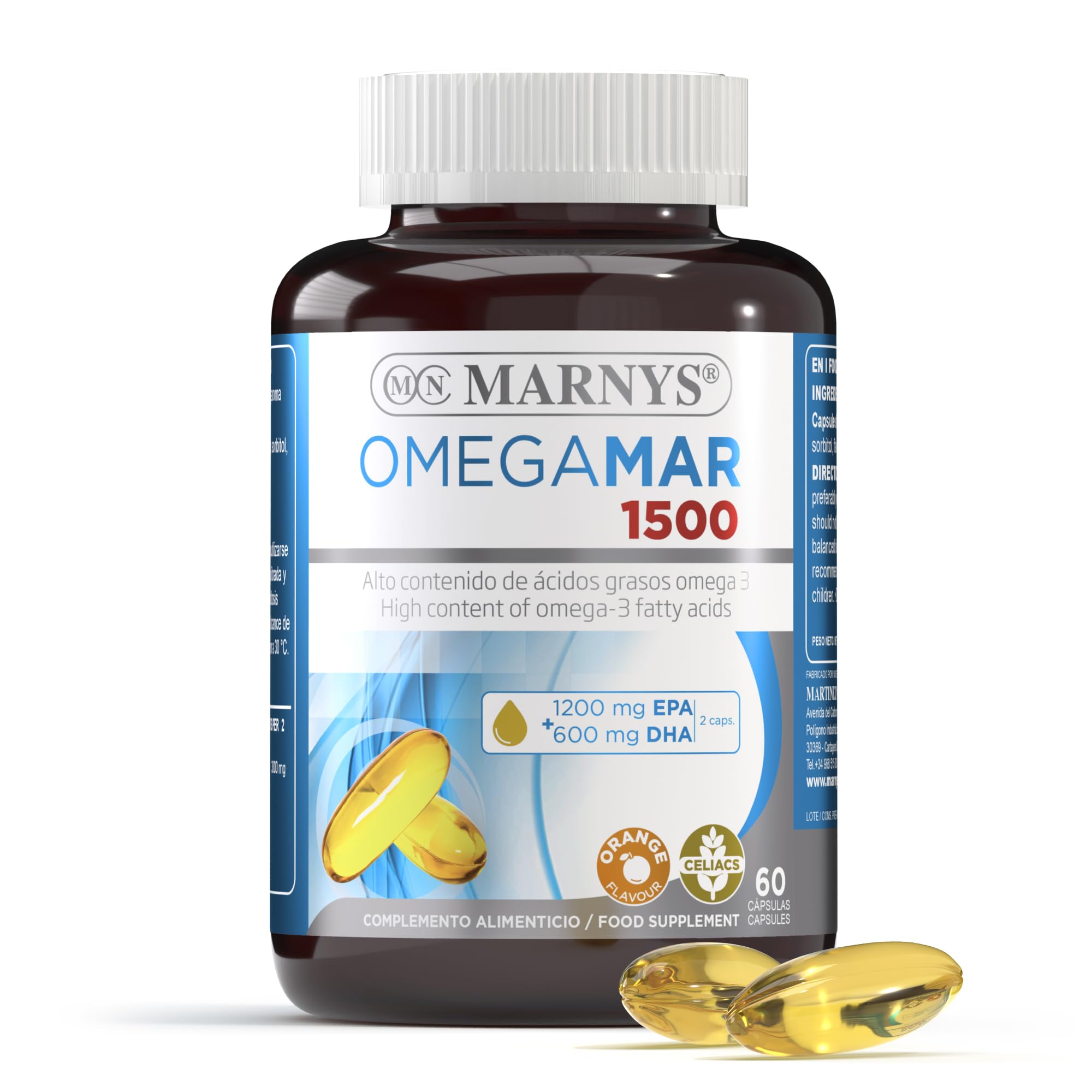 Omegamar 1500 MARNYS - Omega 3 - DHA+EPA Herz-Kreislaufschutz - Hohe Konzentration an Fettsäuren - Zöliakie geeignet - 60 Kapseln
