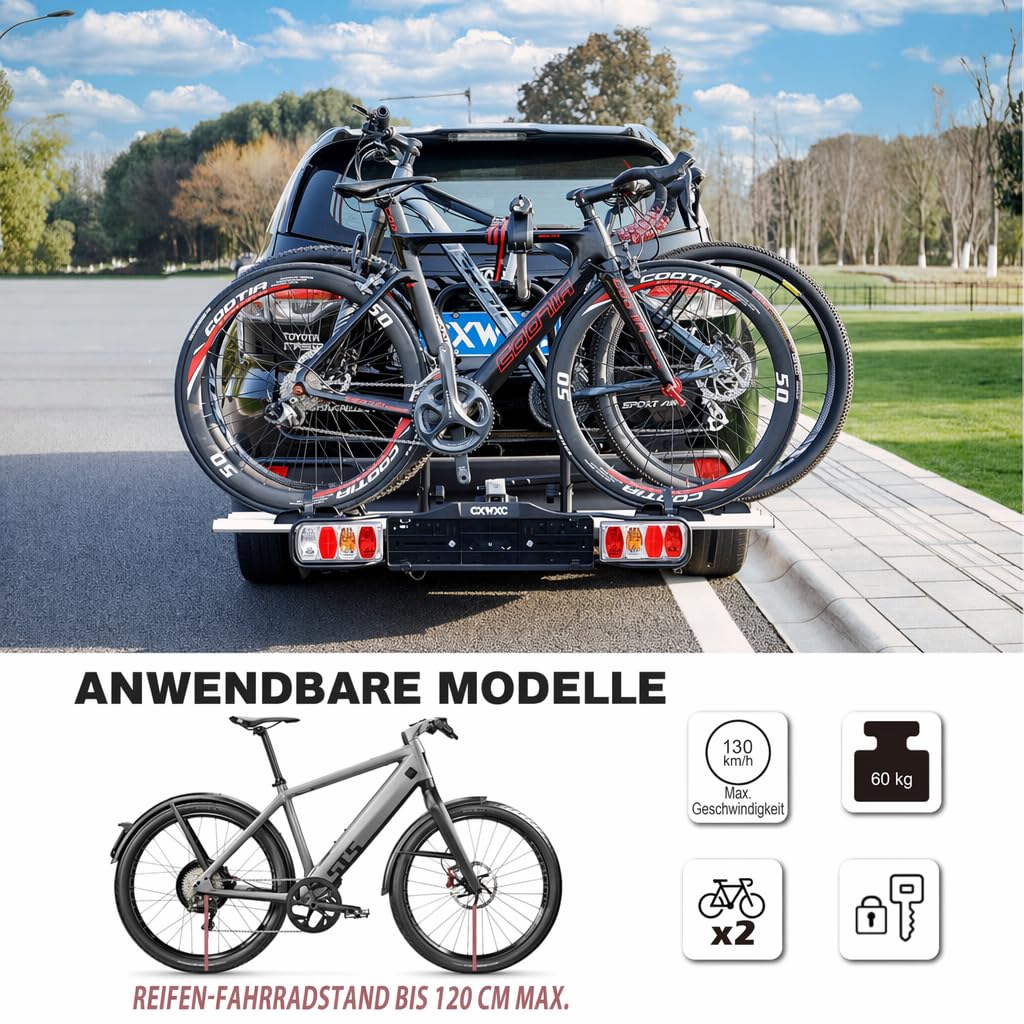 Fahrradträger für Anhängerkupplung 2 Fahrräder e-Bike 60kg,Auto Fahrradträger Anhängerkupplung mit Rücklicht und Kennzeichenhalter, Abschließbar,Kupplungsträger für Ebike (Fahrradträger)