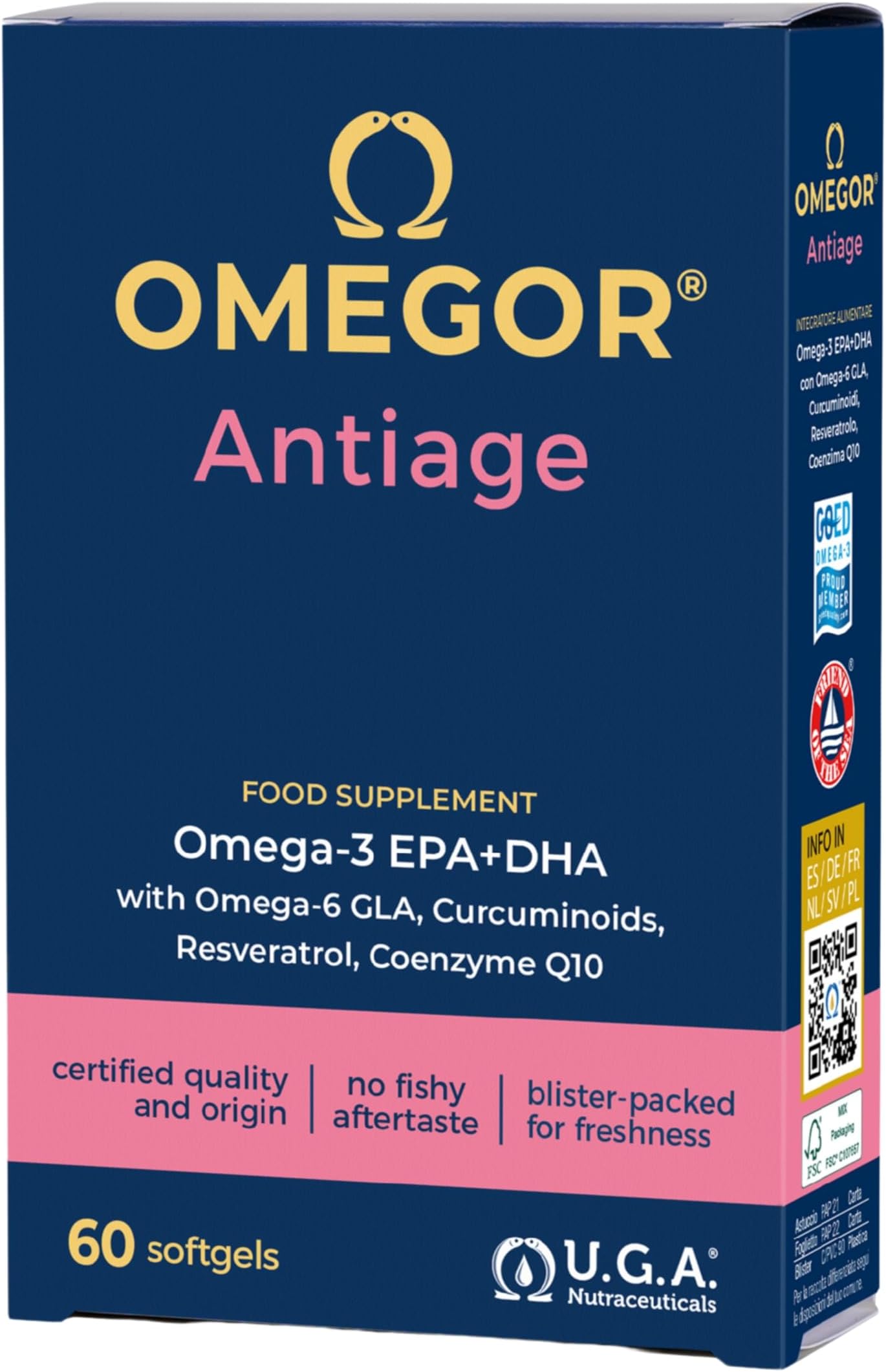 OMEGOR Antiage Skin Supplement with Omega 3 EPA/DHA and Omega 6 GLA, Resveratrol, Turmeric, Alpha Lipoic Acid, Coenzyme Q10, Tocotrienols, 60 Capsules