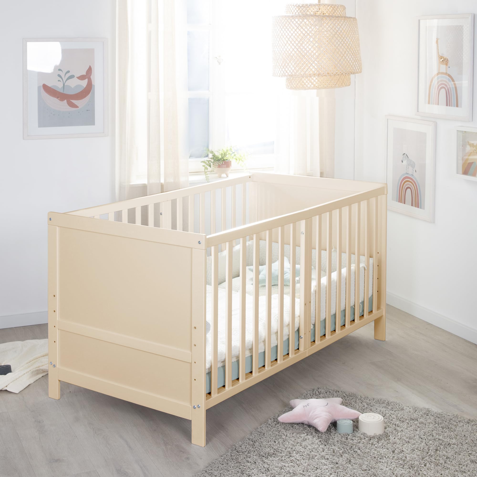 roba łóżeczko dziecięce EASY SLEEP 70 x 140 cm w zestawie z elementami do przebudowy - rosnące łóżeczko ze szczebelkami, 3-stopniowa regulacja wysokości - 3 wyjmowane szczebelki - drewno naturalne