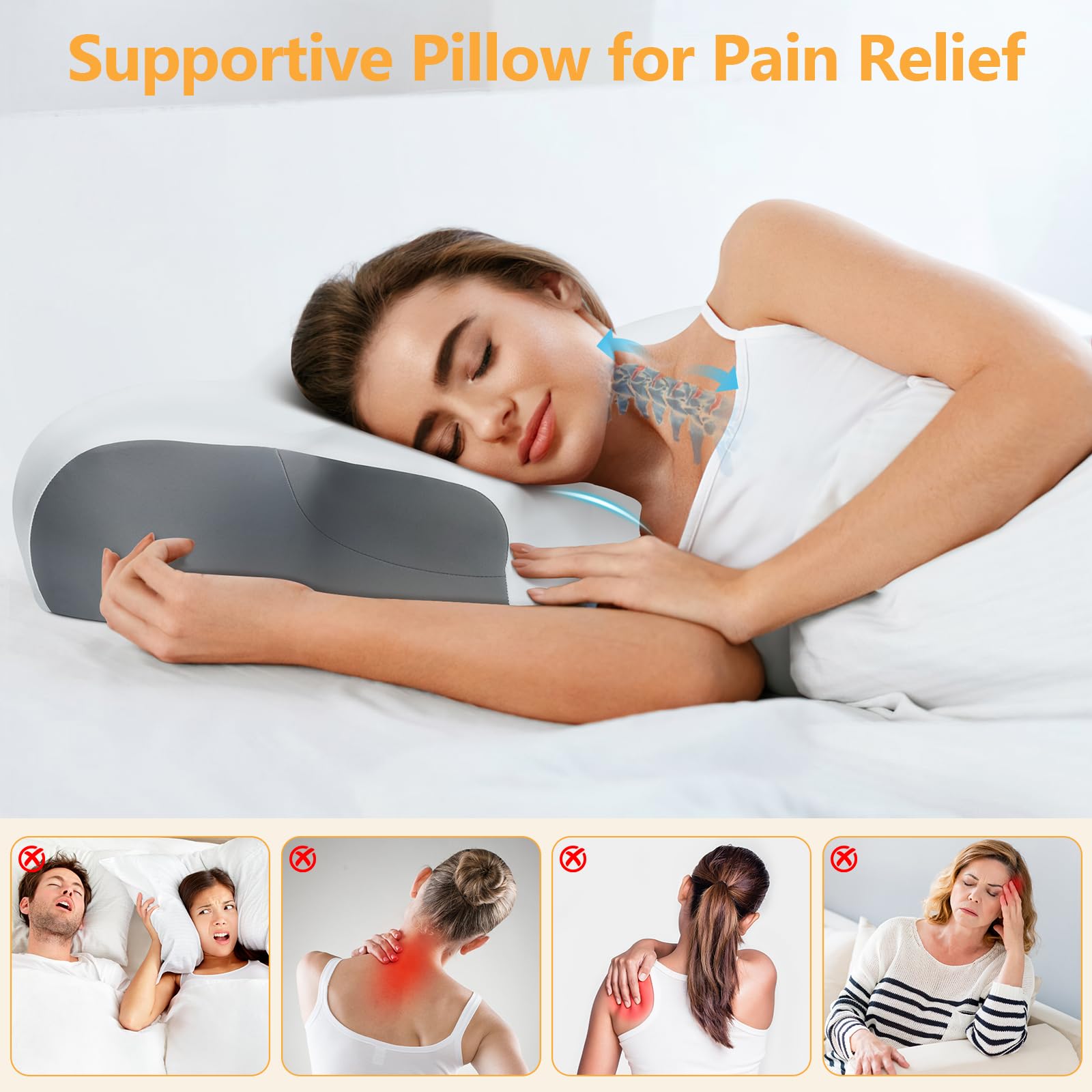 Euqvunn 【Diseño Mejorado de 3 Ranuras】 Almohada ergonómica de Espuma viscoelástica – Alivio para Cuello y Hombros, Funda refrescante de Seda fría, 3 Alturas, Ideal para Todas Las Posiciones al Dormir